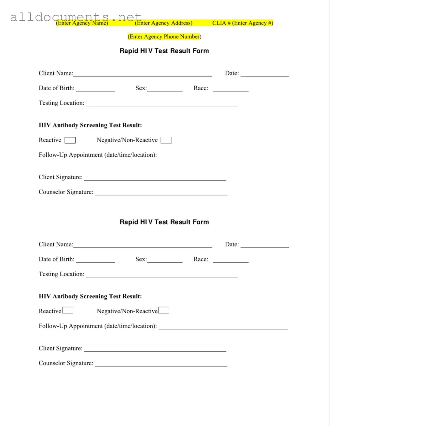 Fillable Negative Hiv Test Template in PDF