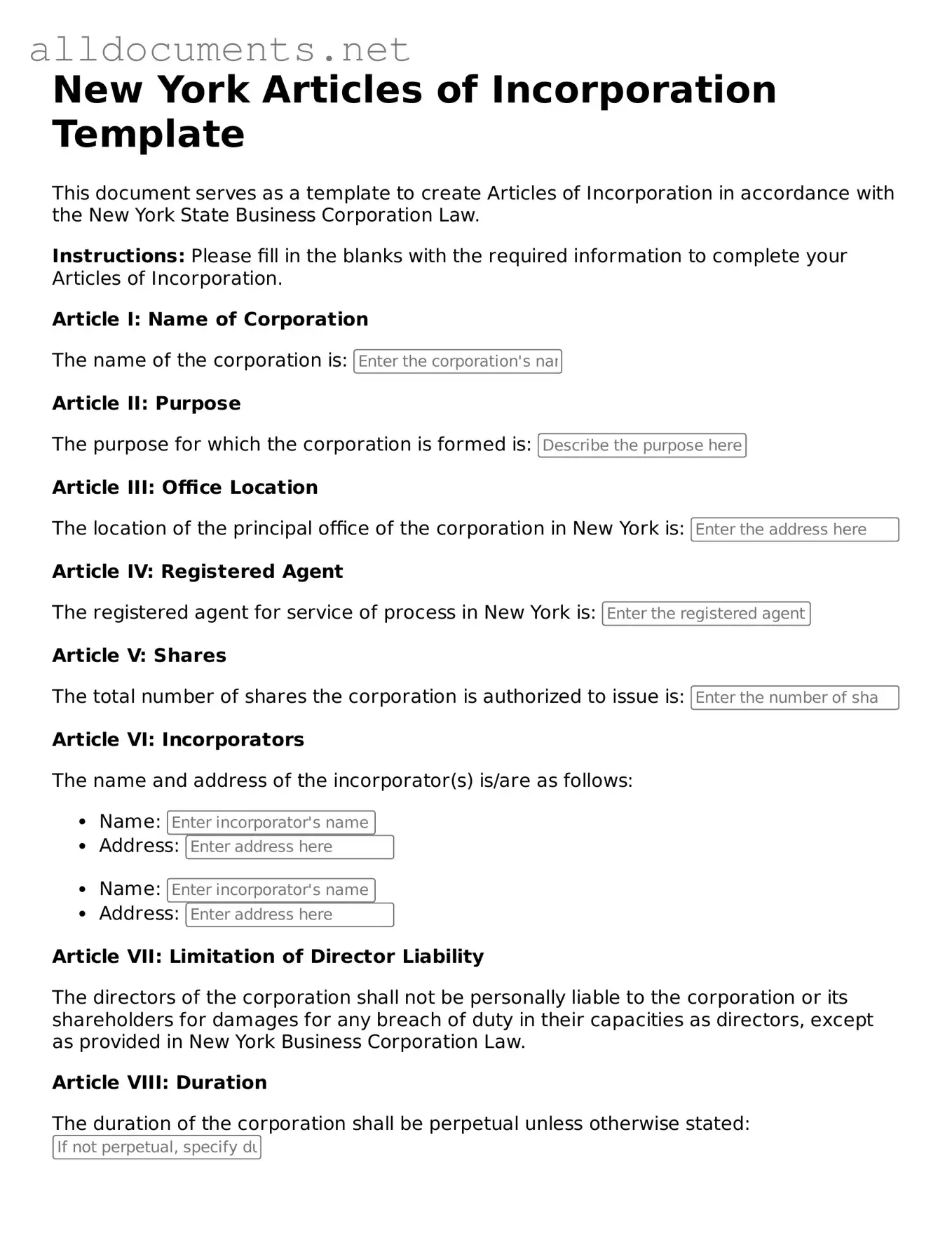 Official  Articles of Incorporation Template for New York