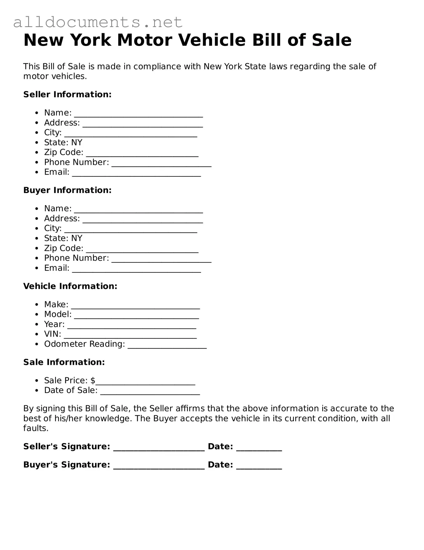 Official  Motor Vehicle Bill of Sale Template for New York