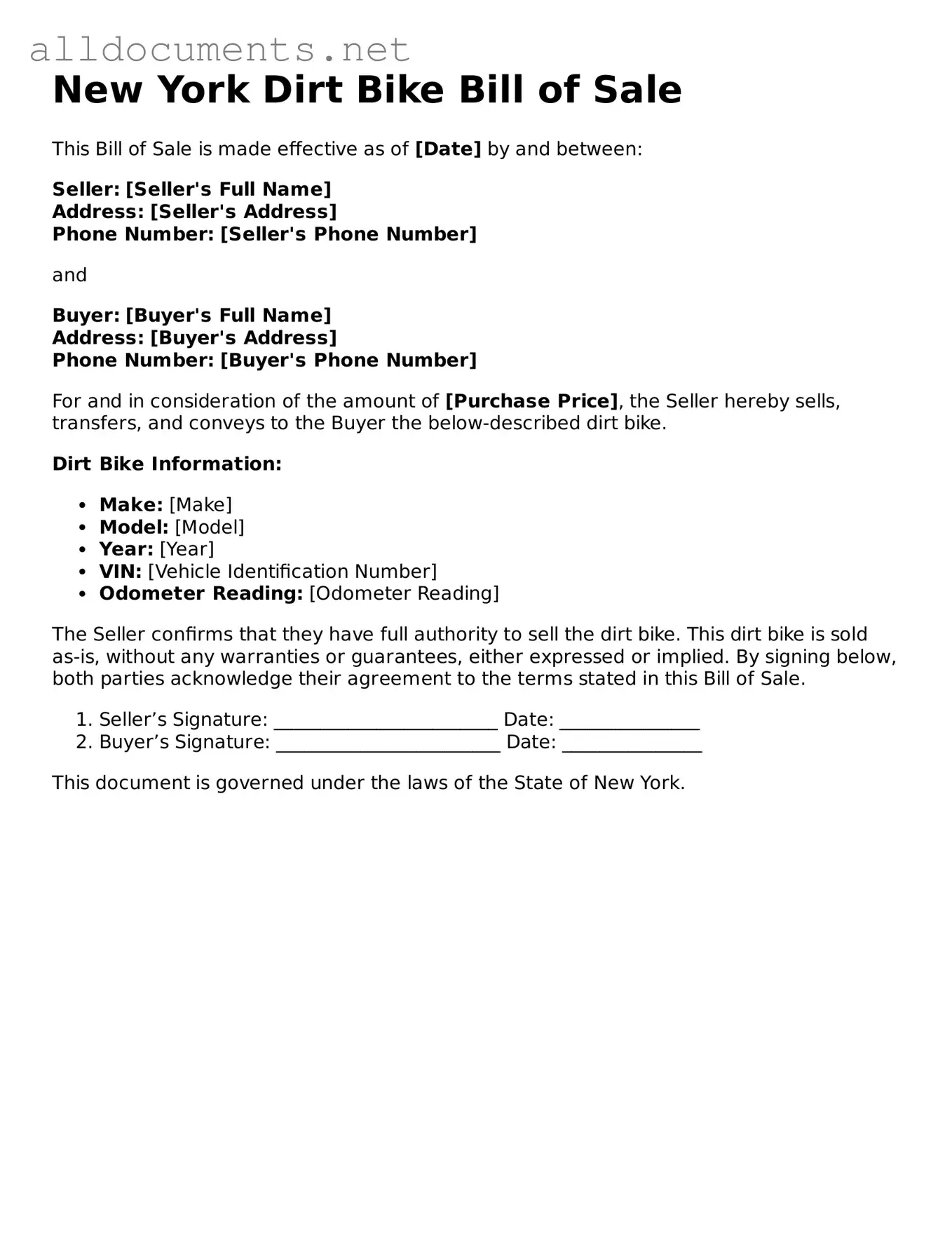 Official  Dirt Bike Bill of Sale Template for New York