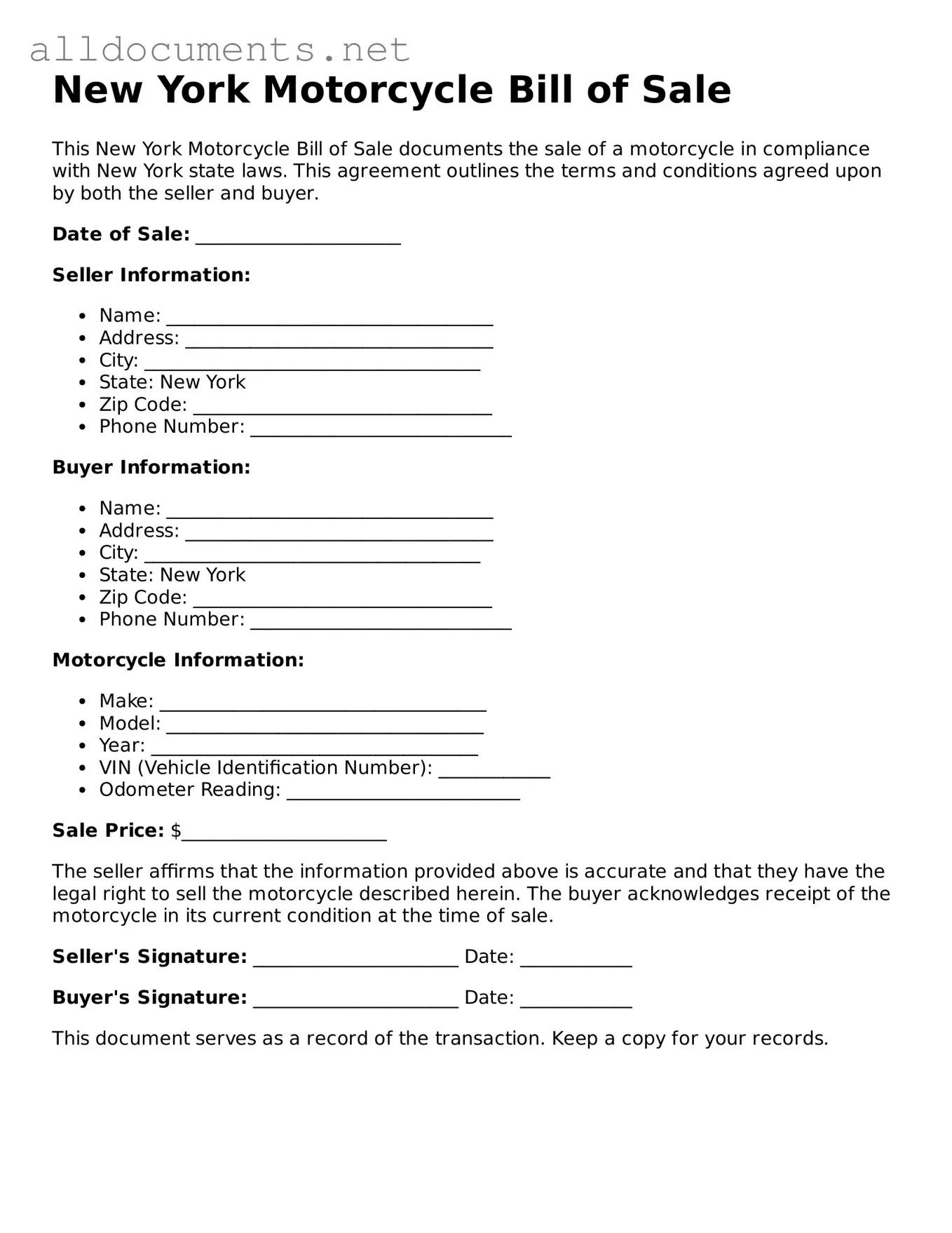 Official  Motorcycle Bill of Sale Template for New York