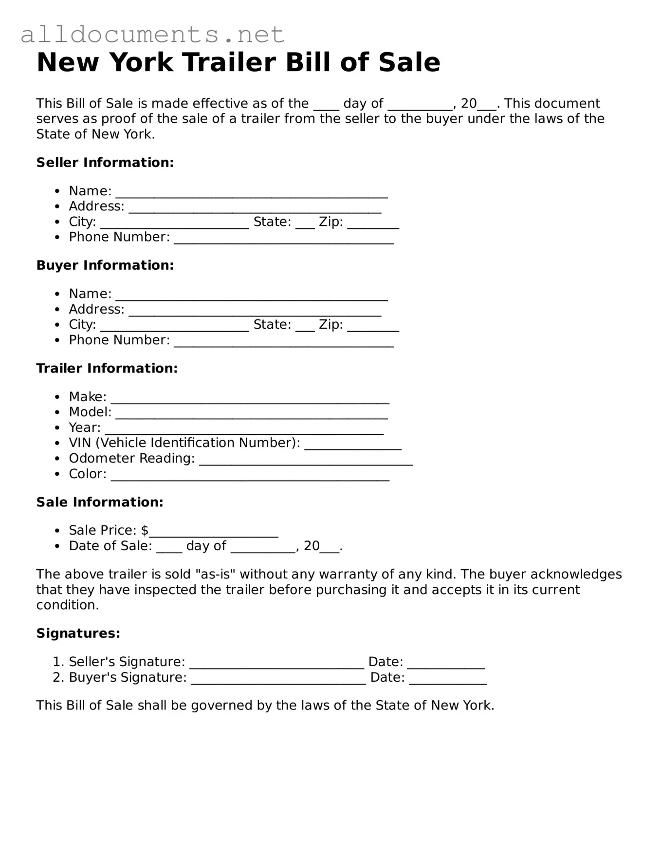 Official  Trailer Bill of Sale Template for New York