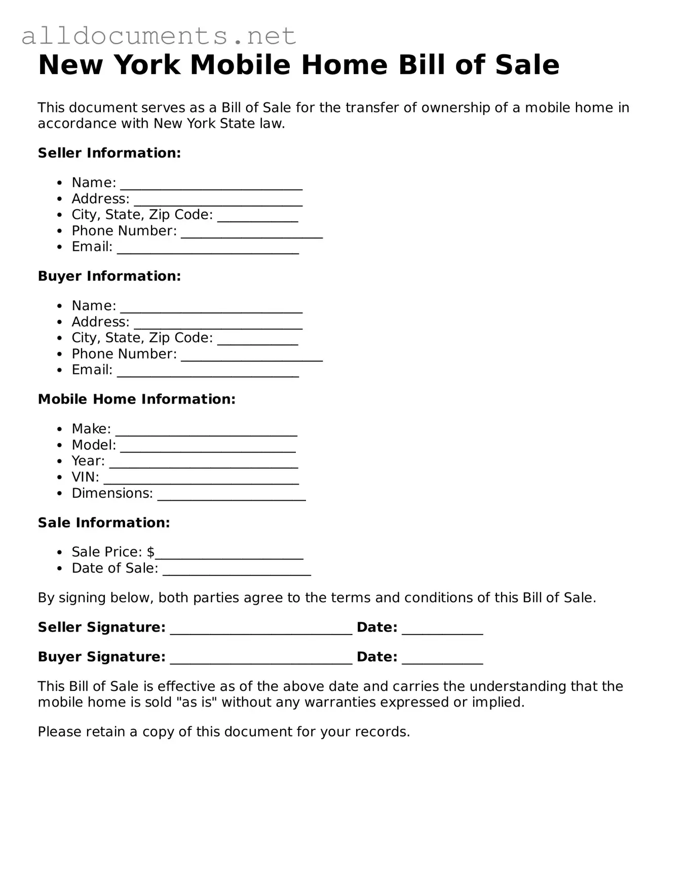 Official  Mobile Home Bill of Sale Template for New York