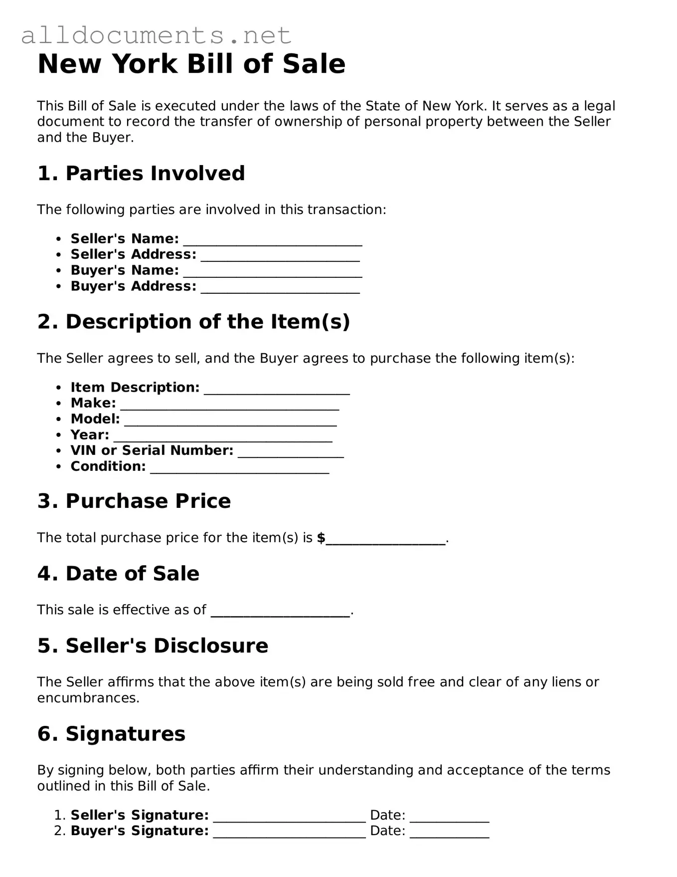 Official  Bill of Sale Template for New York