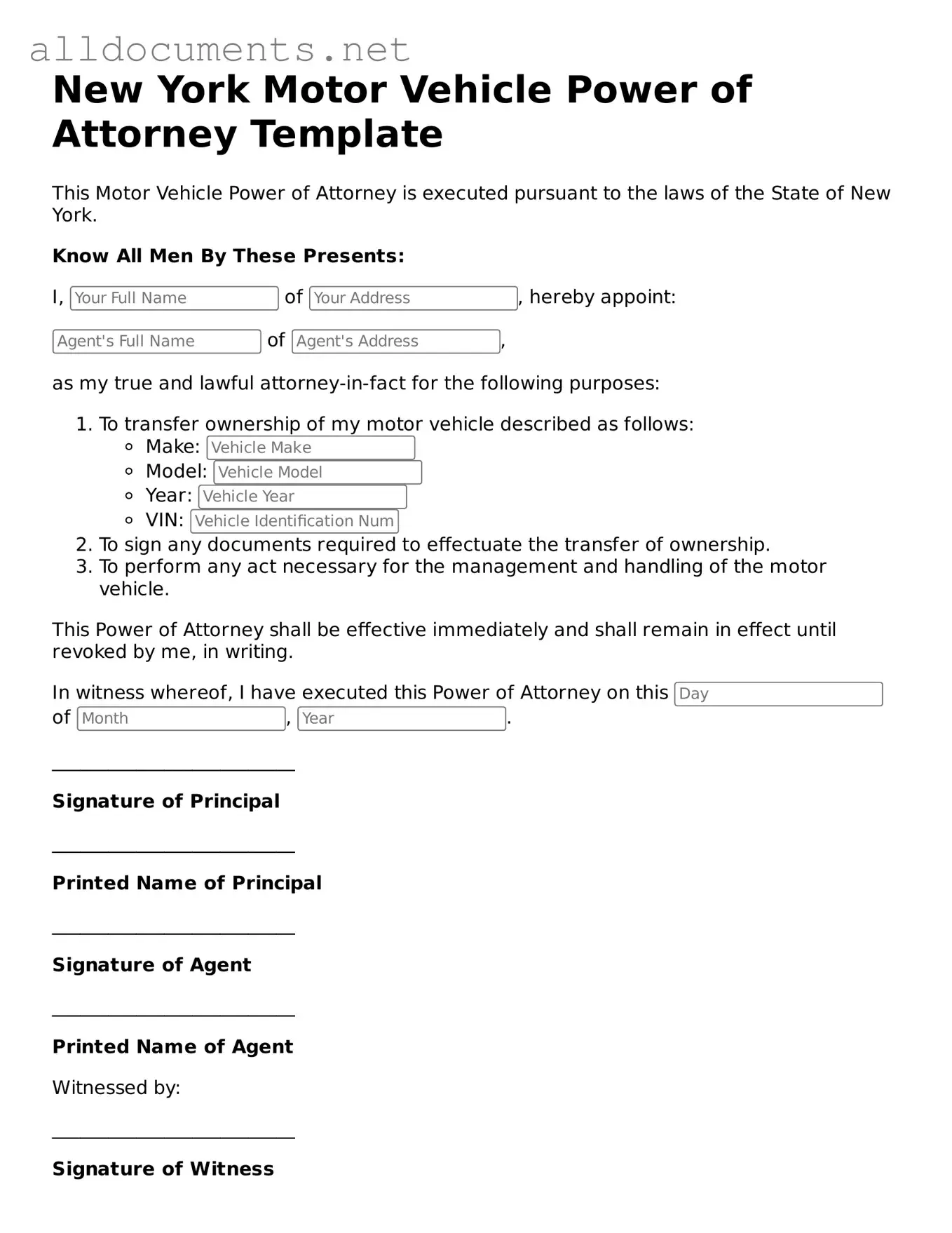 Official  Motor Vehicle Power of Attorney Template for New York
