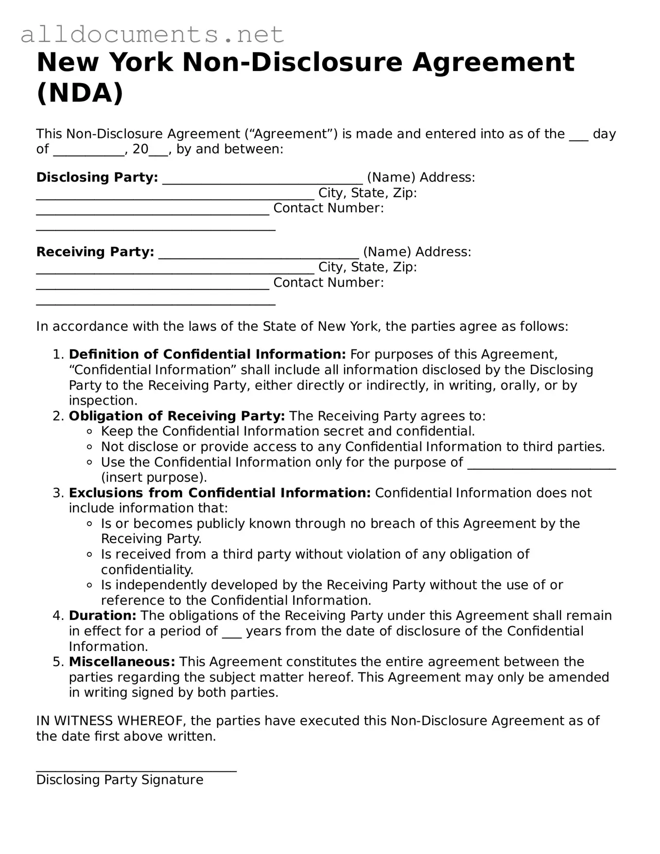 Official  Non-disclosure Agreement Template for New York