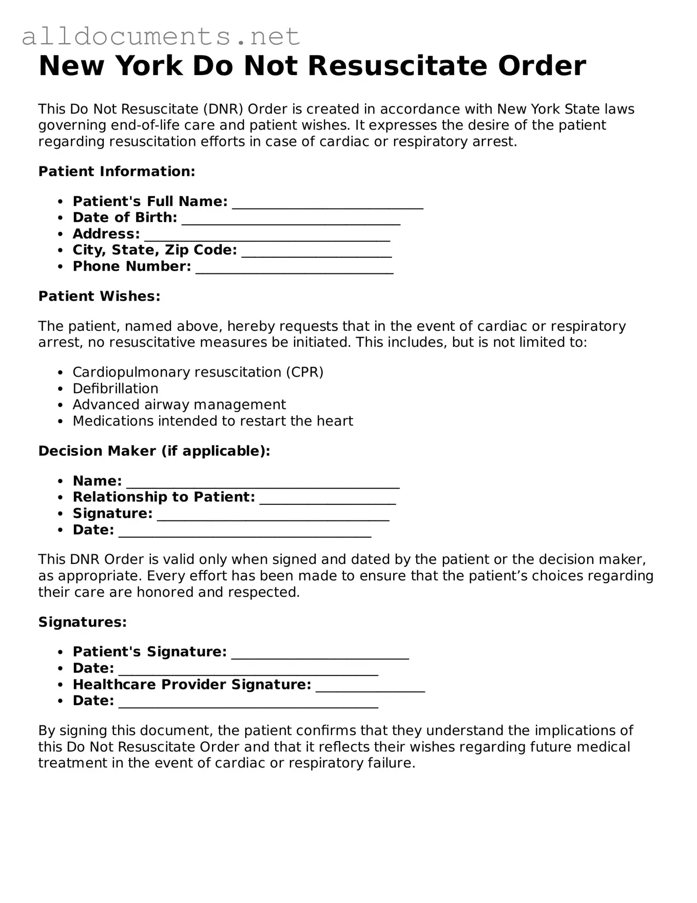 Official  Do Not Resuscitate Order Template for New York