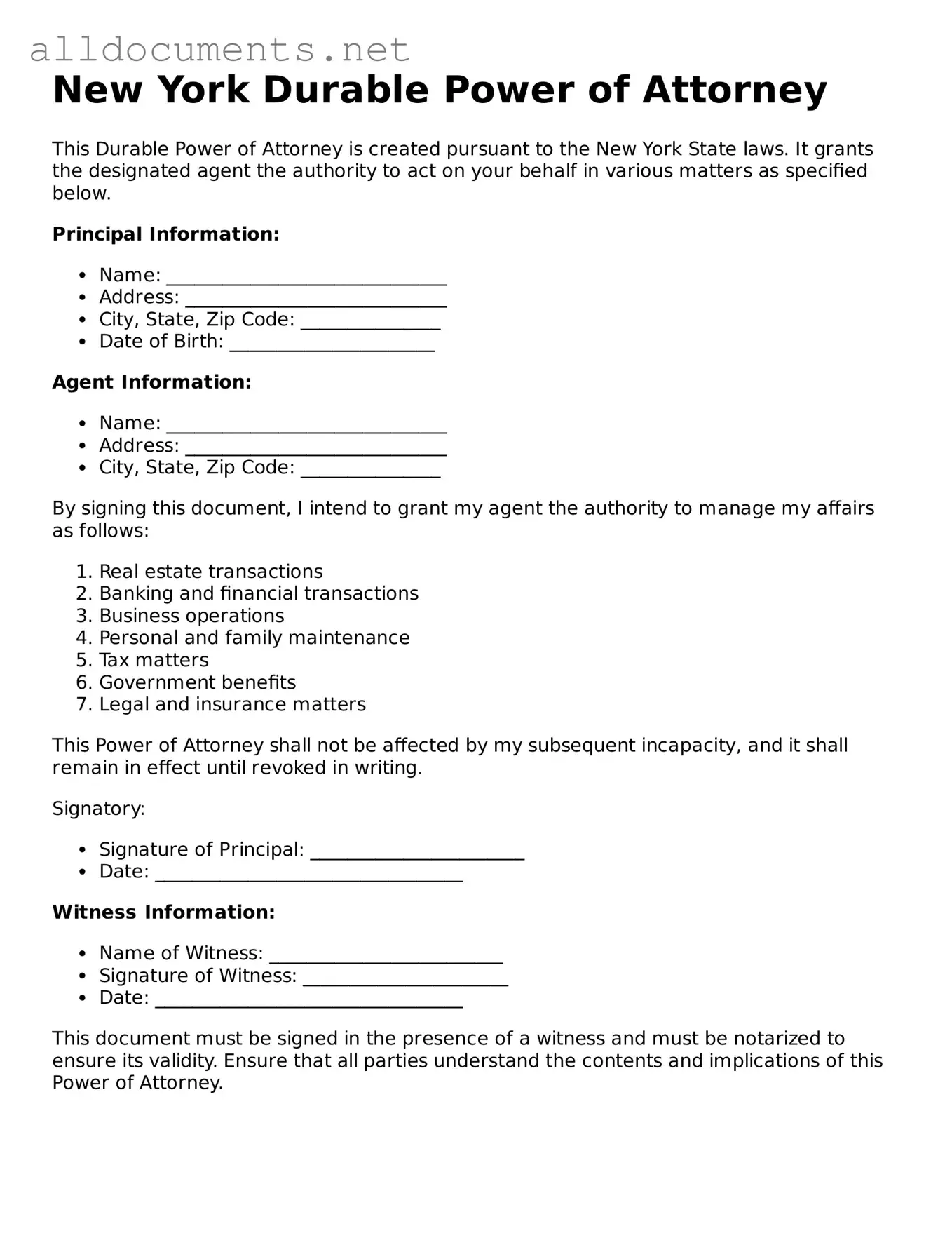 Official  Durable Power of Attorney Template for New York