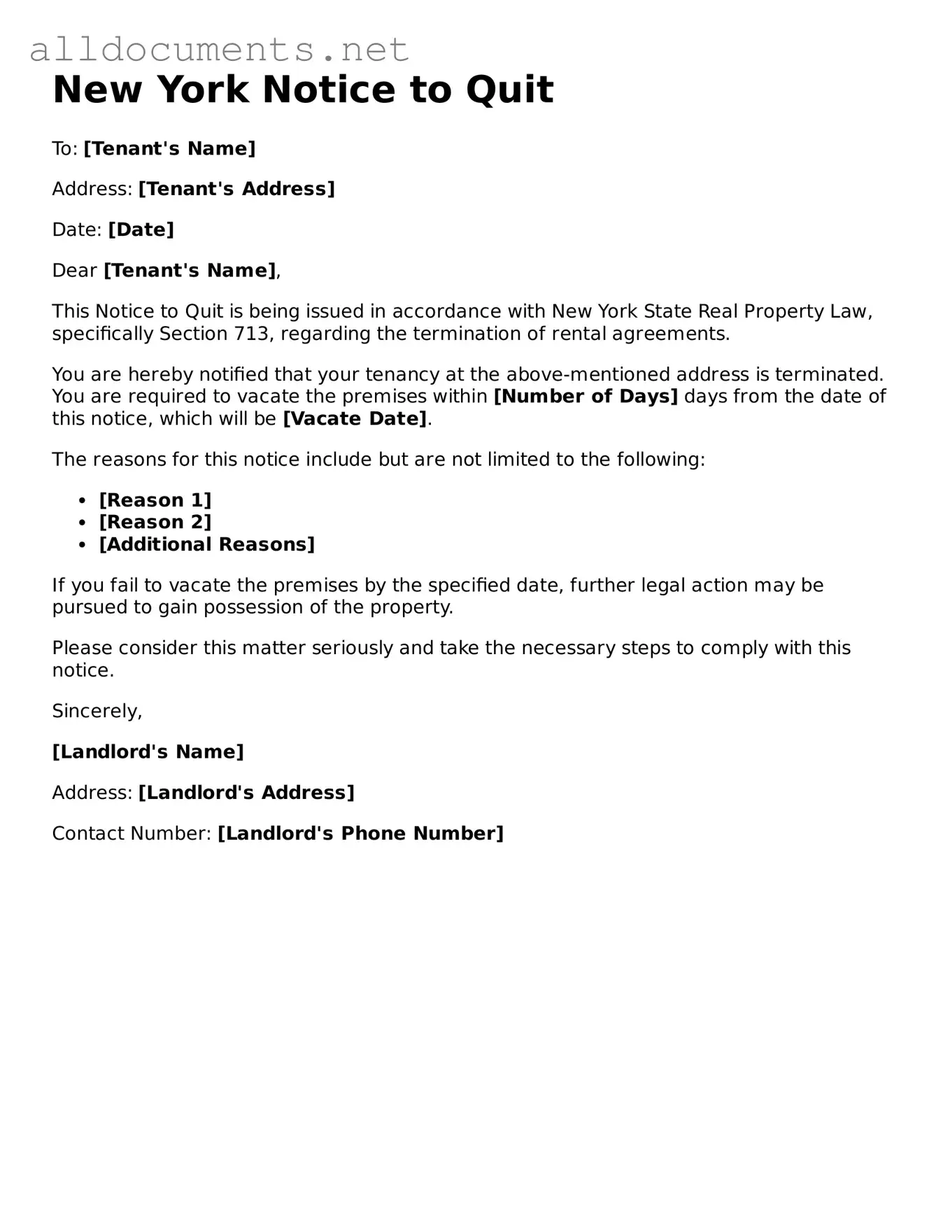 Official  Notice to Quit Template for New York