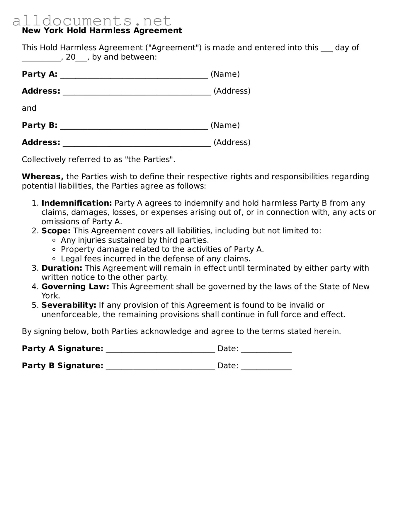 Official  Hold Harmless Agreement Template for New York
