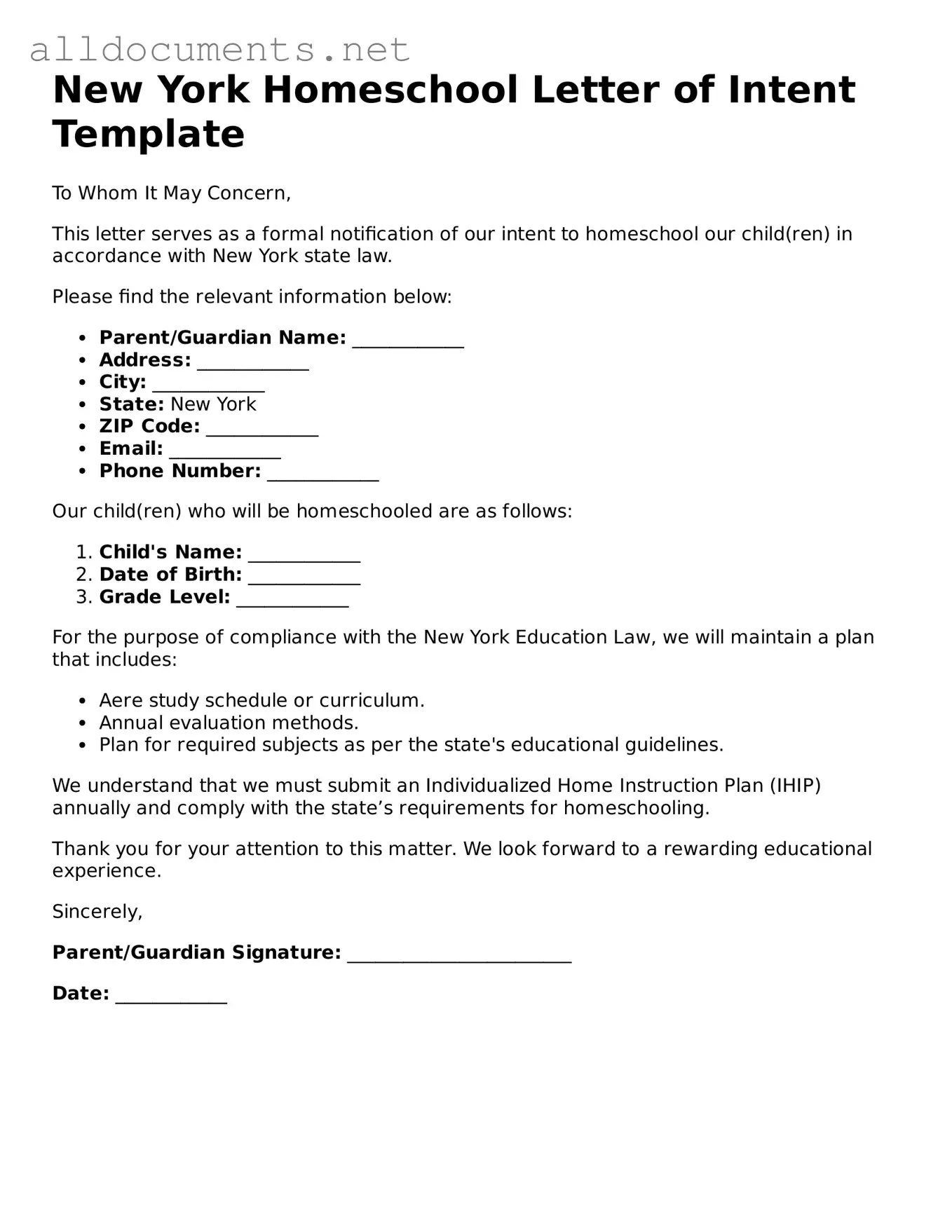 Official  Homeschool Letter of Intent Template for New York
