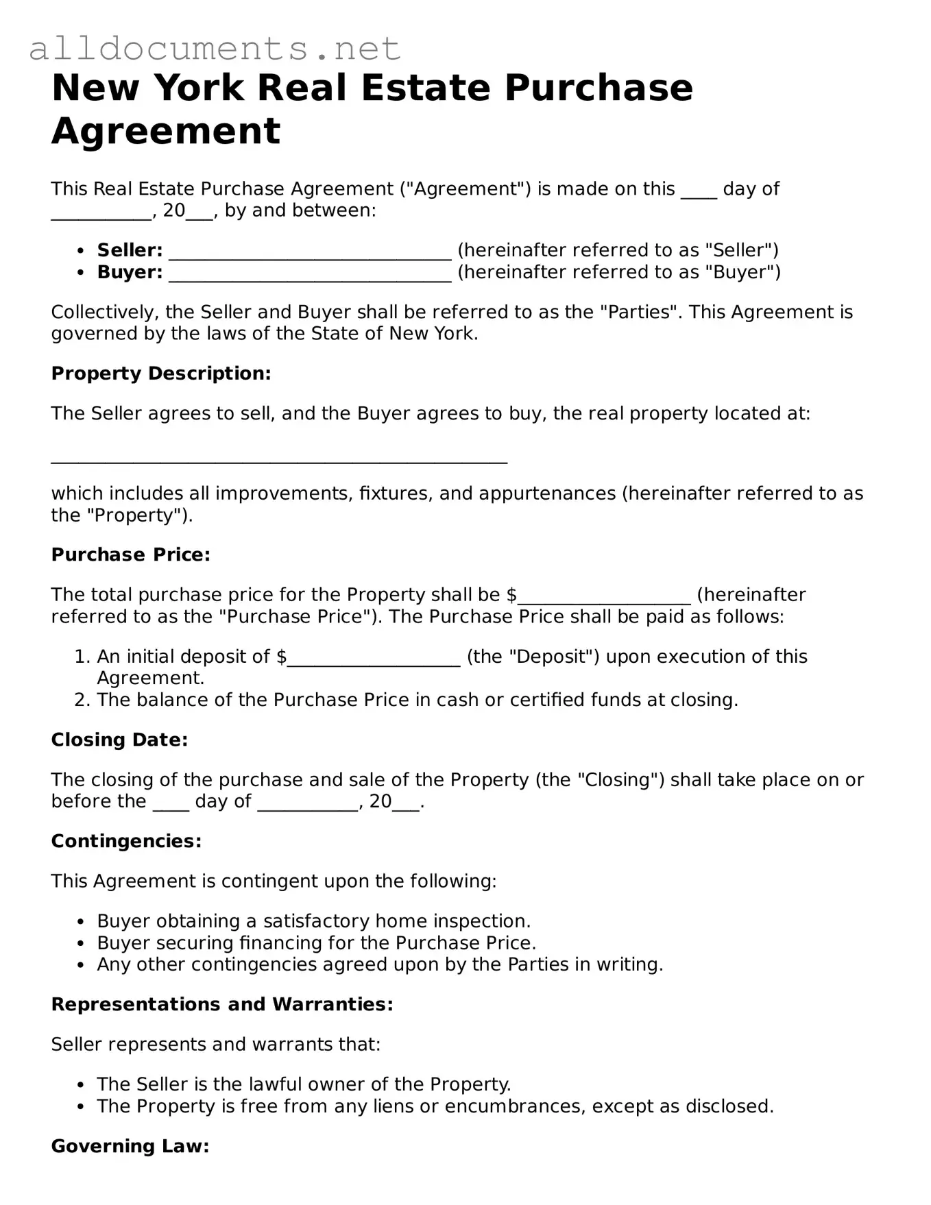 Official  Real Estate Purchase Agreement Template for New York
