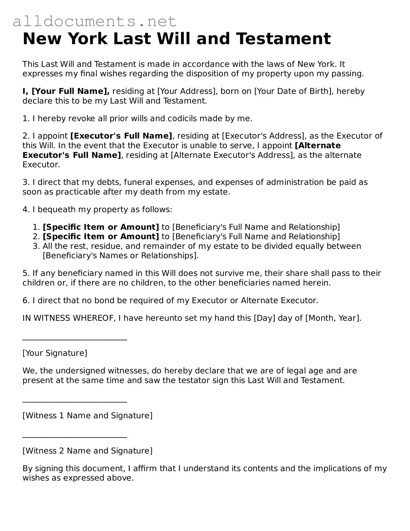 Official  Last Will and Testament Template for New York