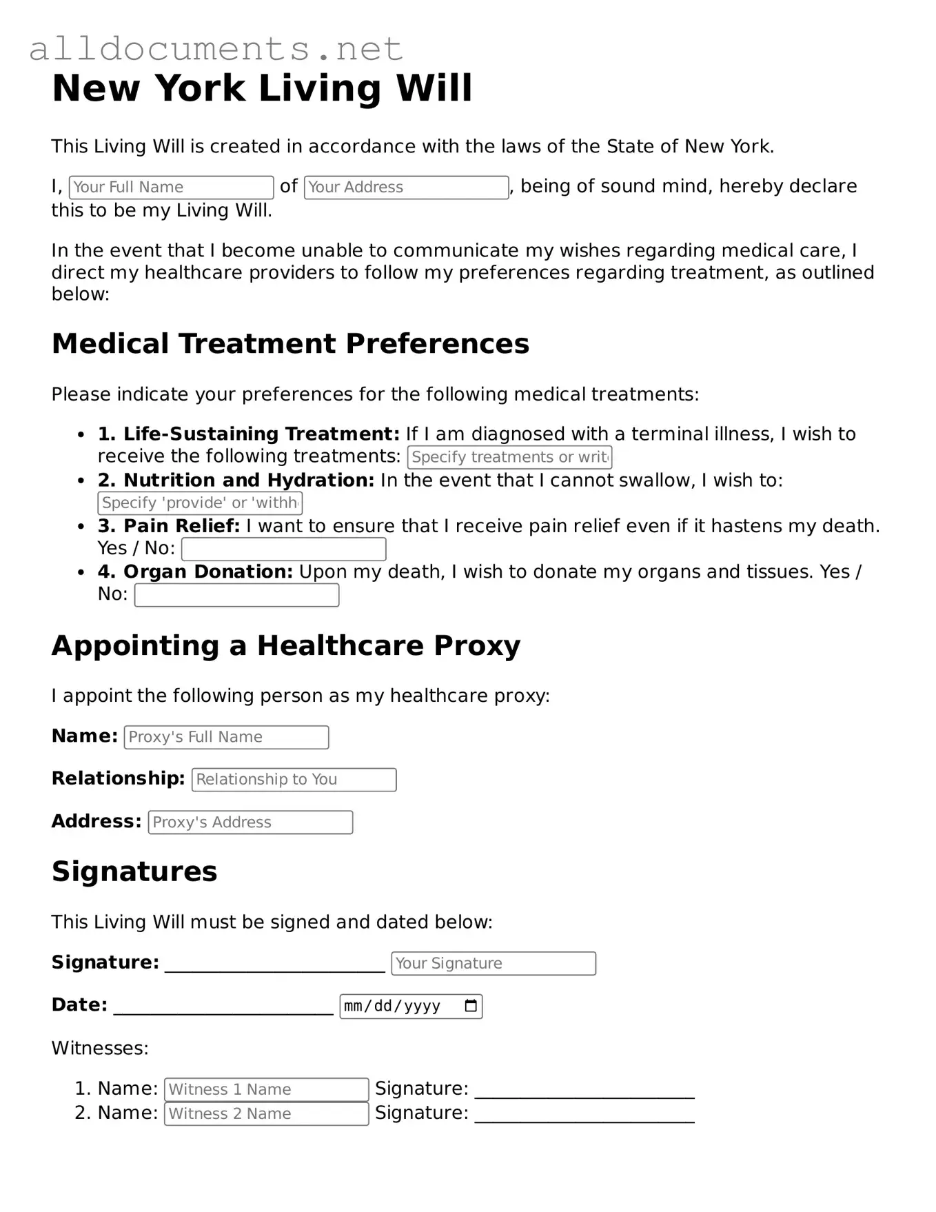 Official  Living Will Template for New York