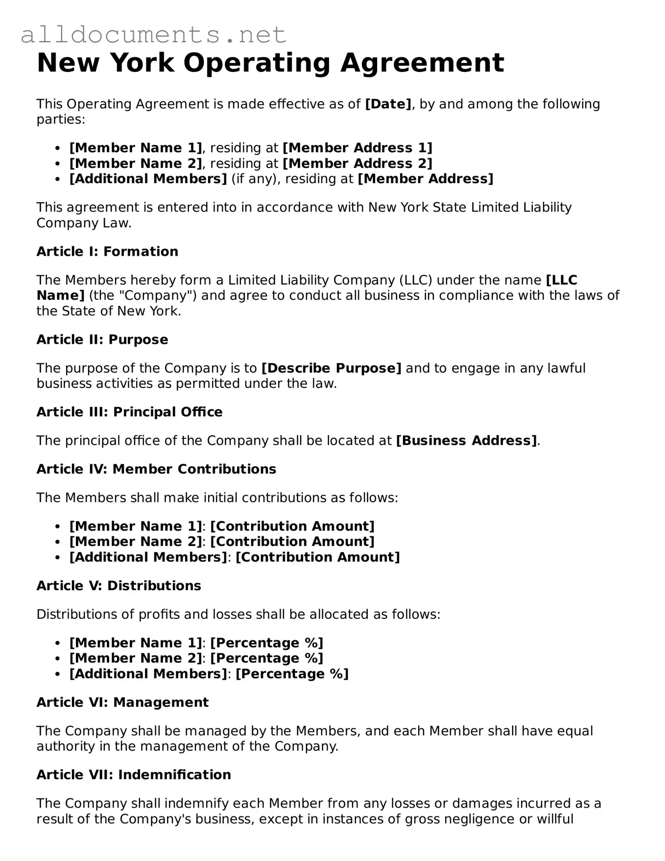 Official  Operating Agreement Template for New York