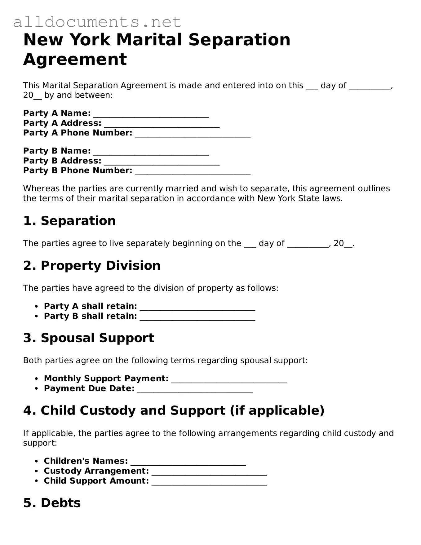 Official  Marital Separation Agreement Template for New York