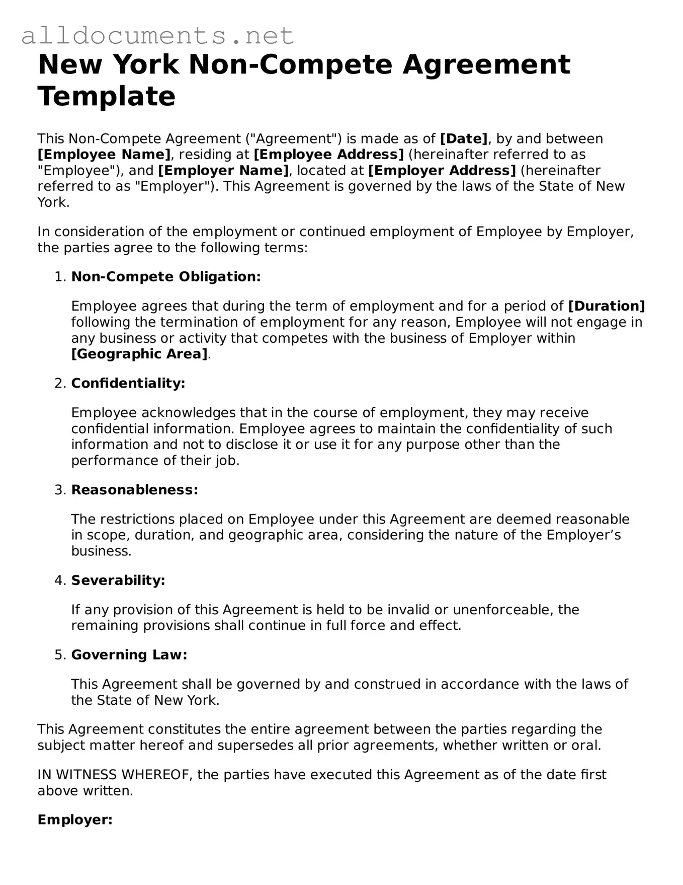 Official  Non-compete Agreement Template for New York