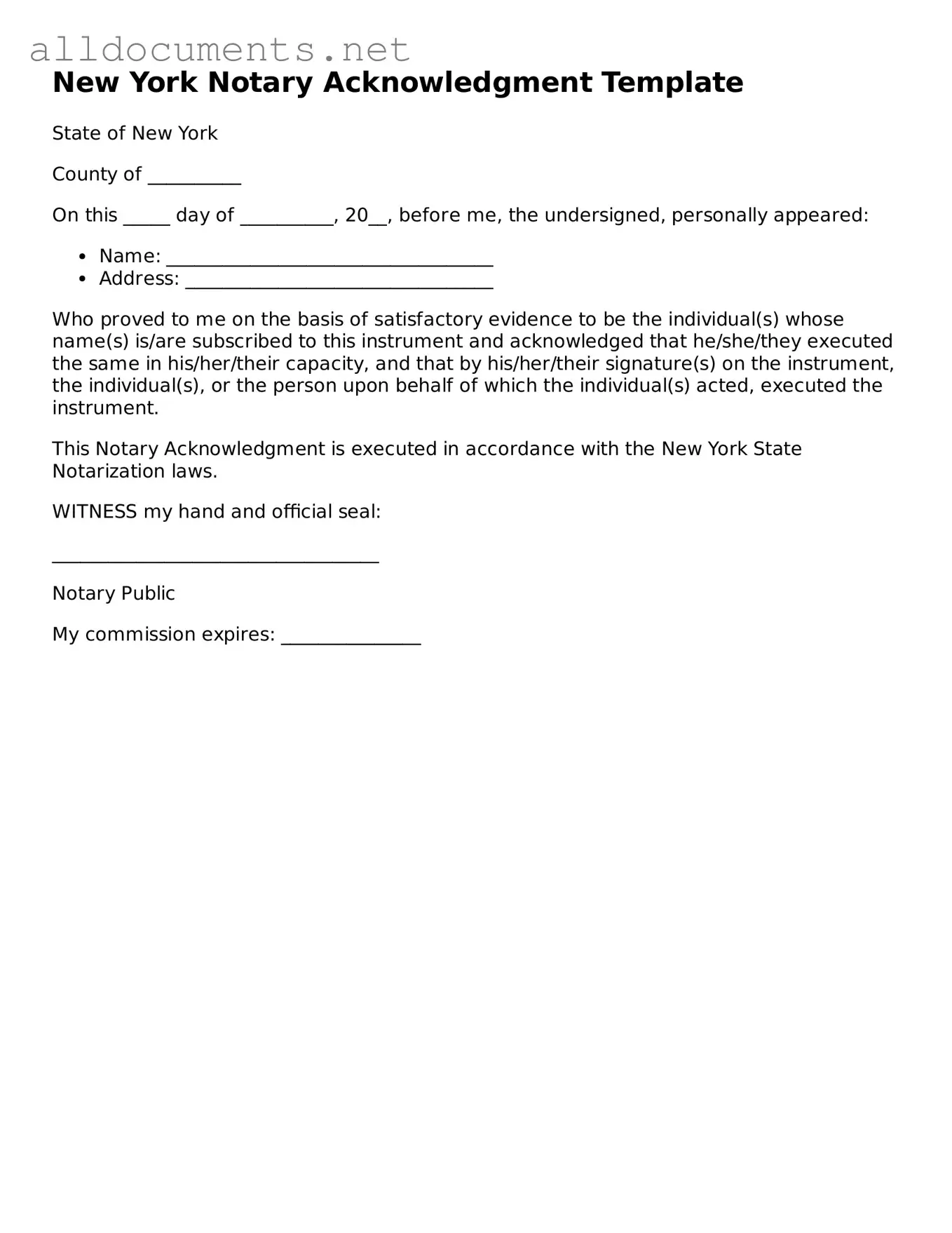 Official  Notary Acknowledgement Template for New York