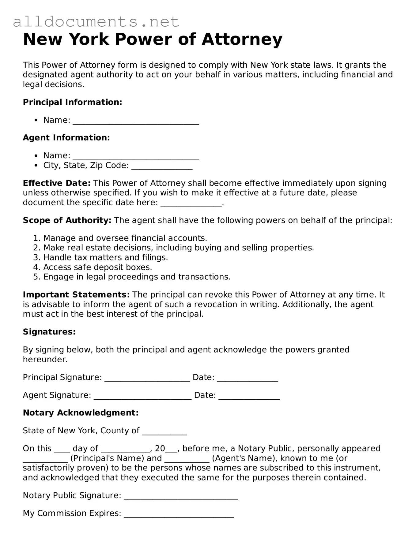 Official  Power of Attorney Template for New York