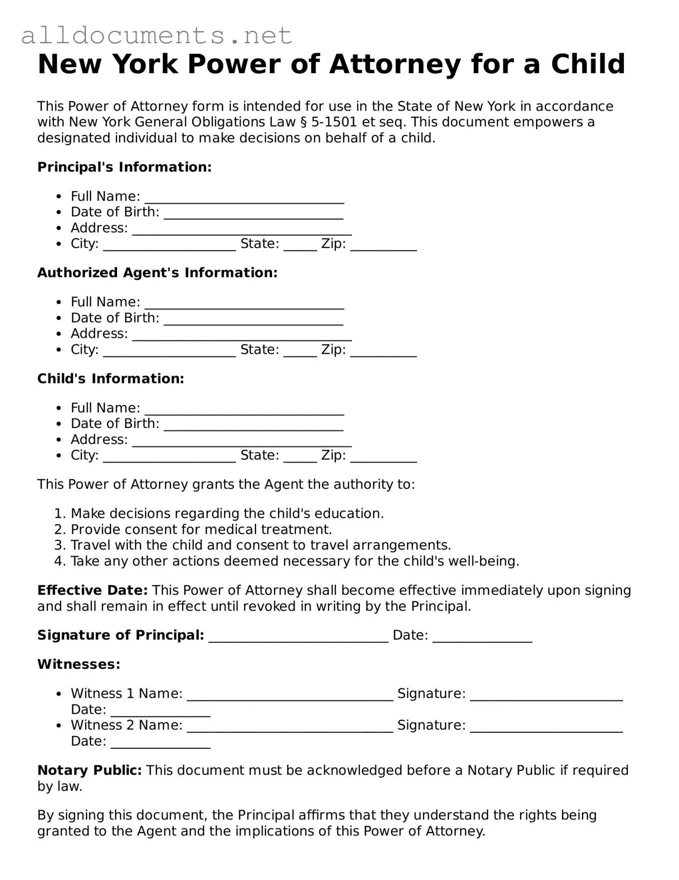 Official  Power of Attorney for a Child Template for New York