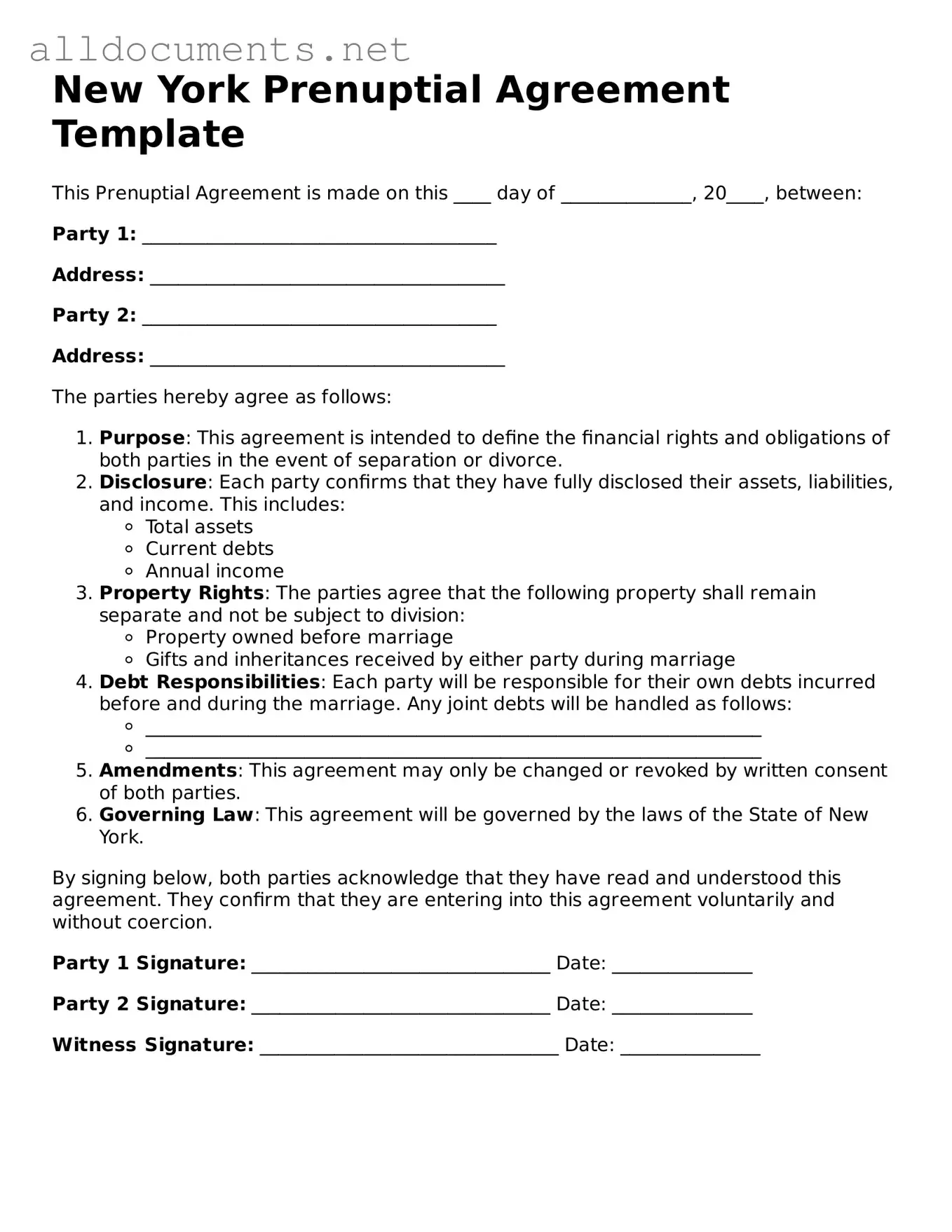 Official  Prenuptial Agreement Template for New York