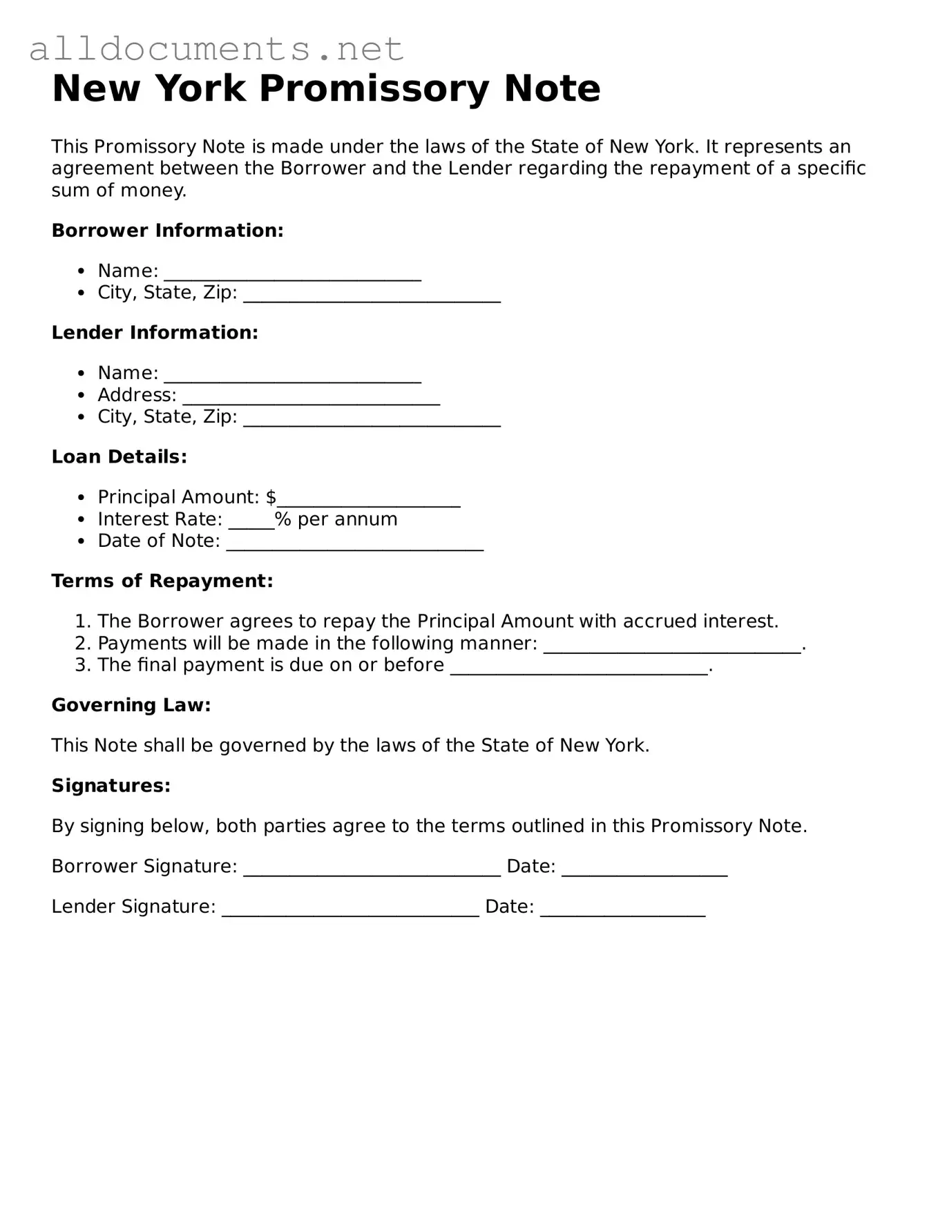 Official  Promissory Note Template for New York