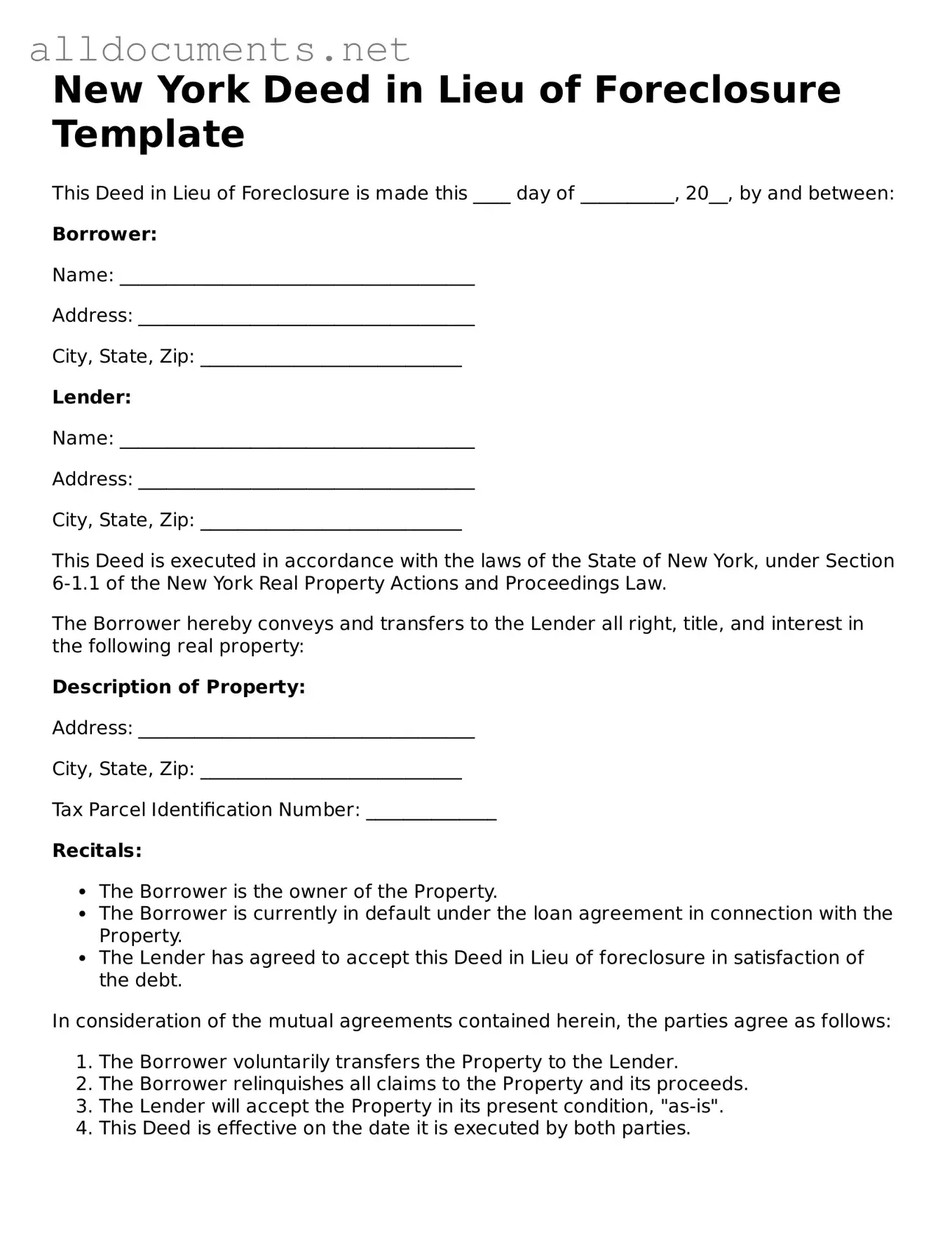 Official  Deed in Lieu of Foreclosure Template for New York