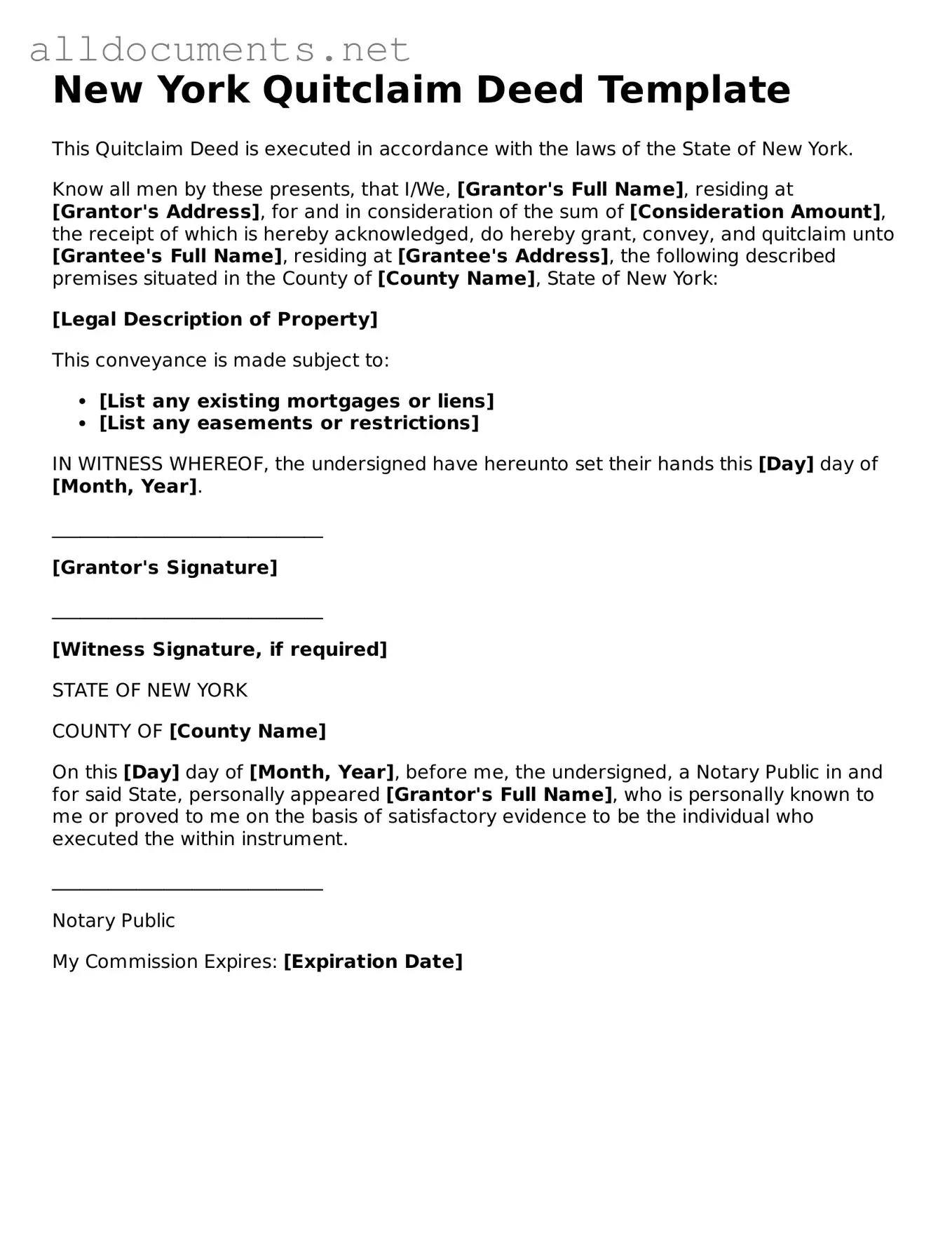 Official  Quitclaim Deed Template for New York