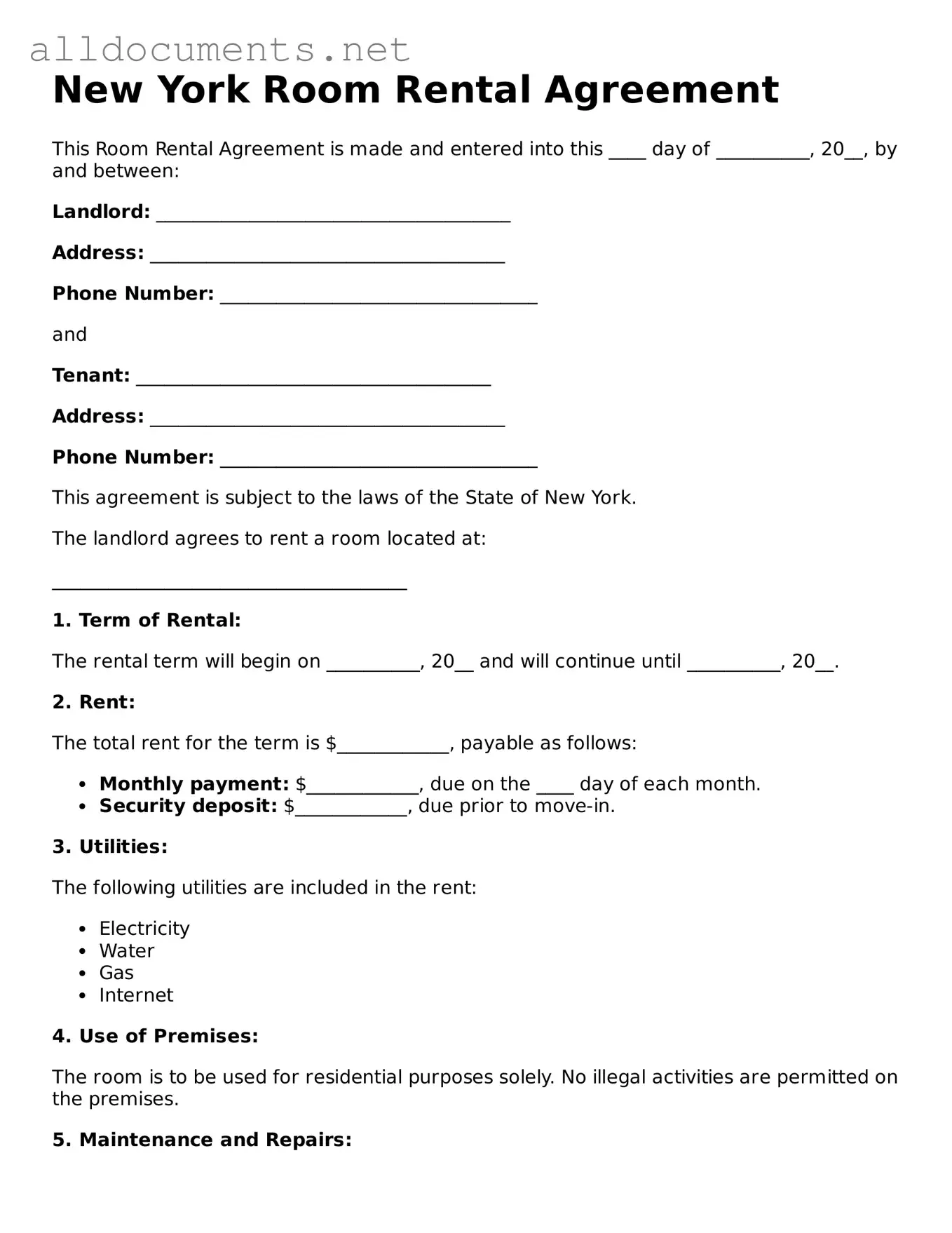 Official  Room Rental Agreement Template for New York