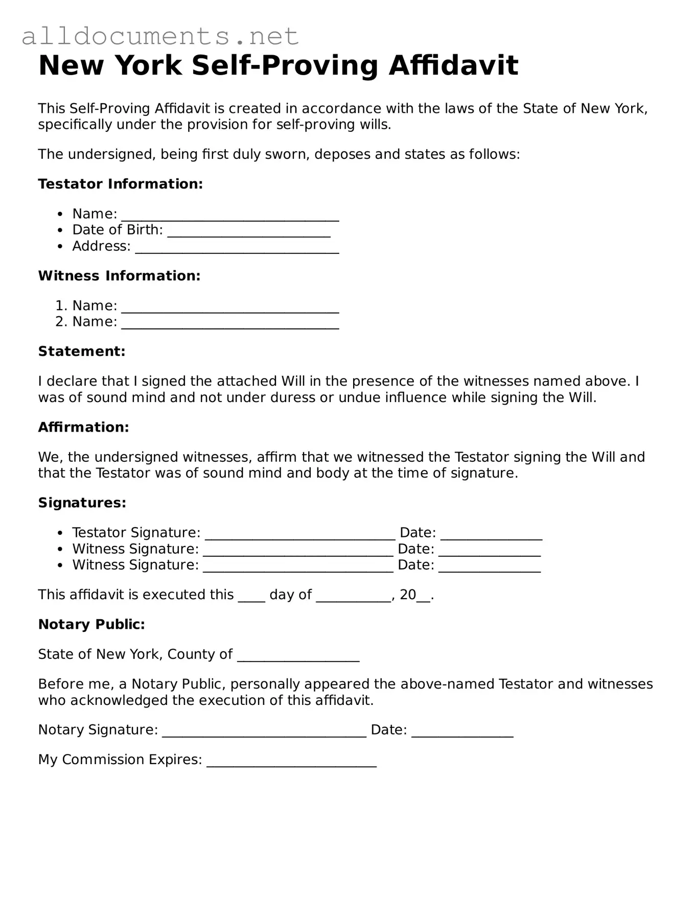 Official  Self-Proving Affidavit Template for New York