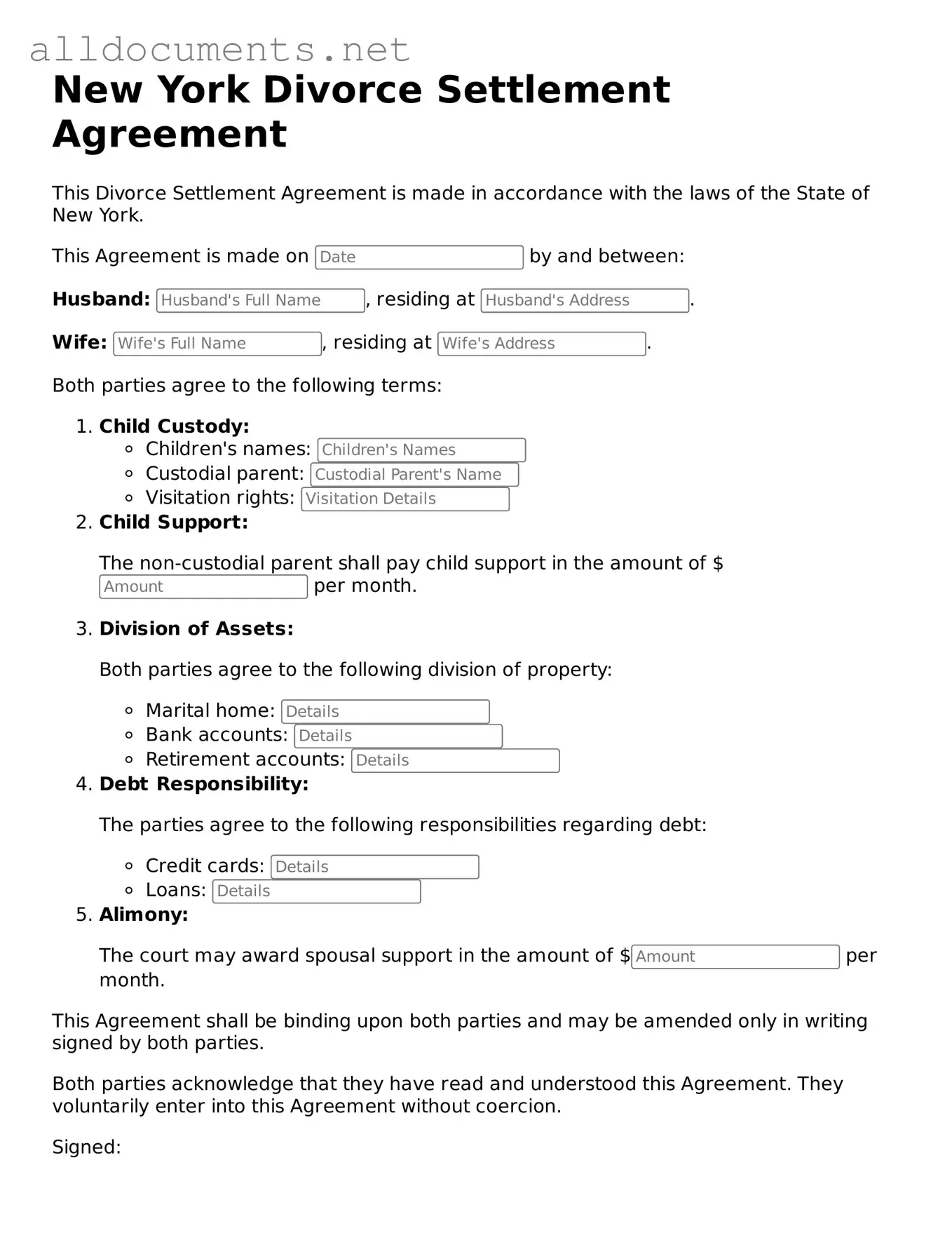 Official  Divorce Settlement Agreement Template for New York