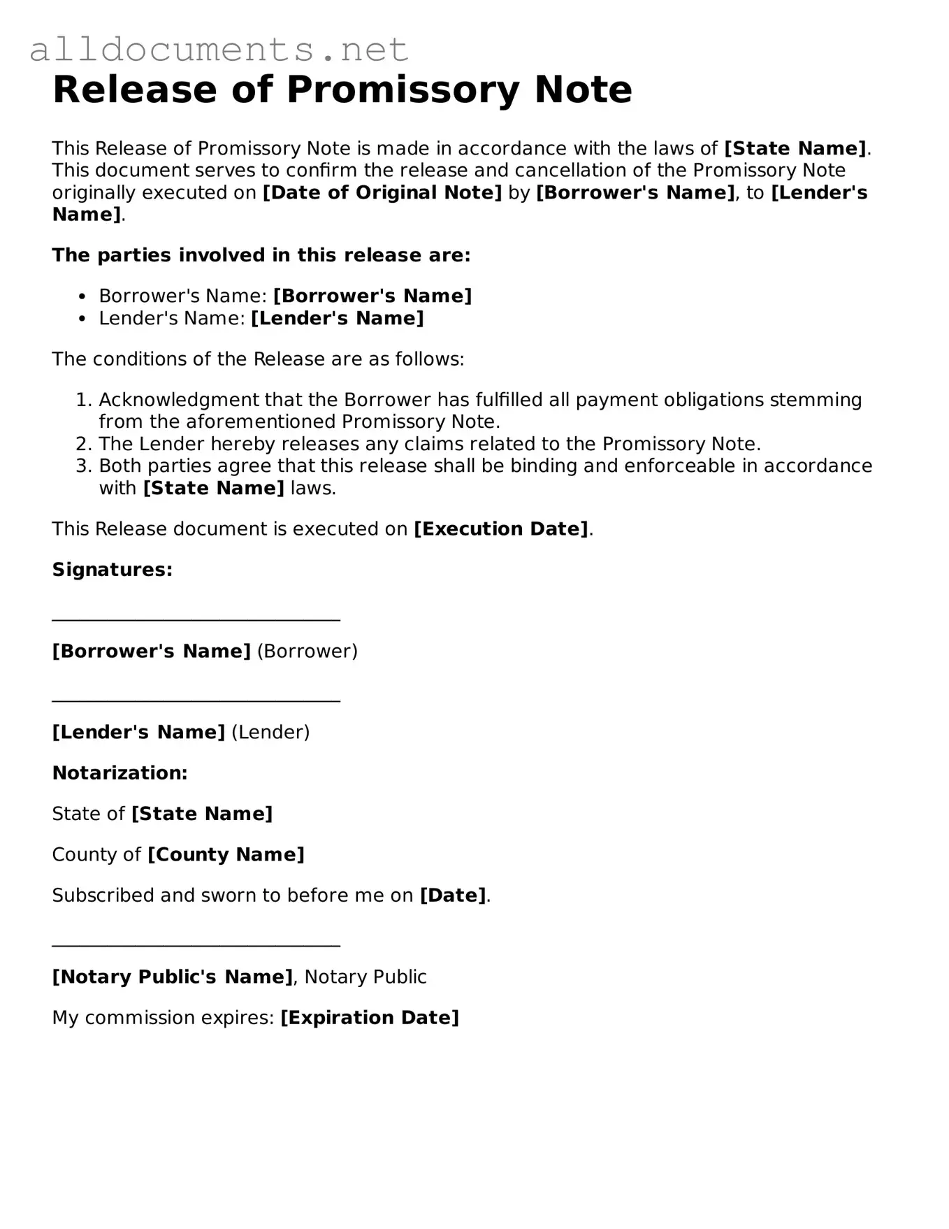 Free Release of Promissory Note Document