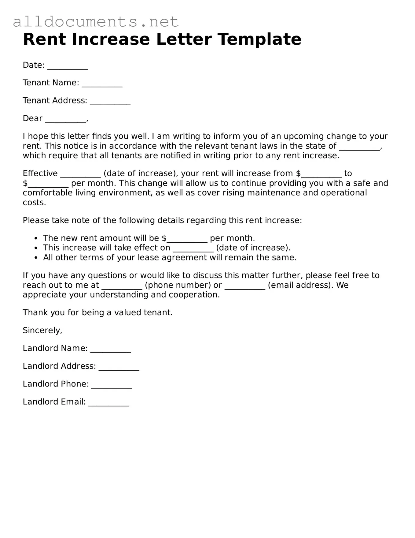 Free Rent Increase Letter Document