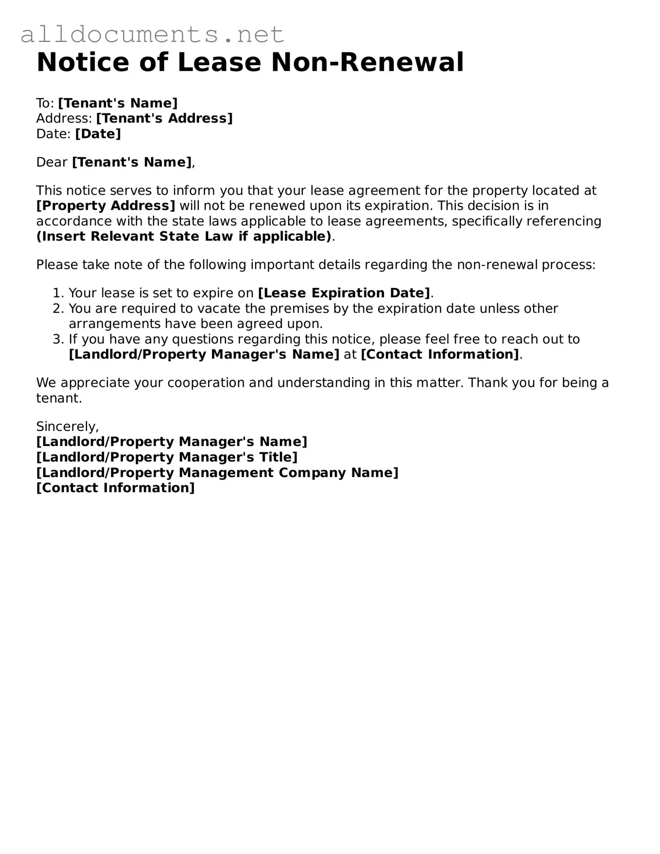 Free Notice of Lease Non-Renewal Document