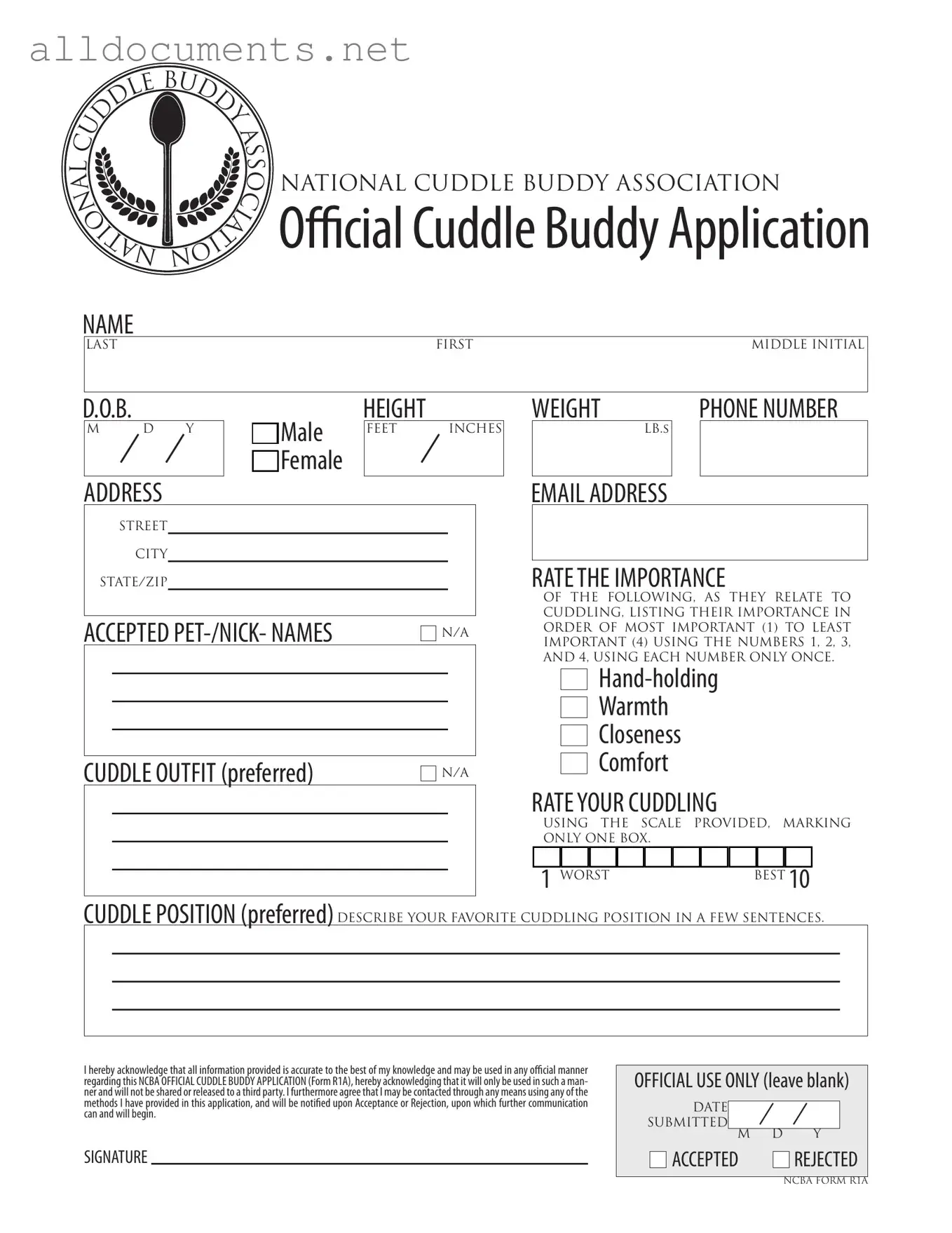 Fillable Cuddle Buddy Application Template in PDF