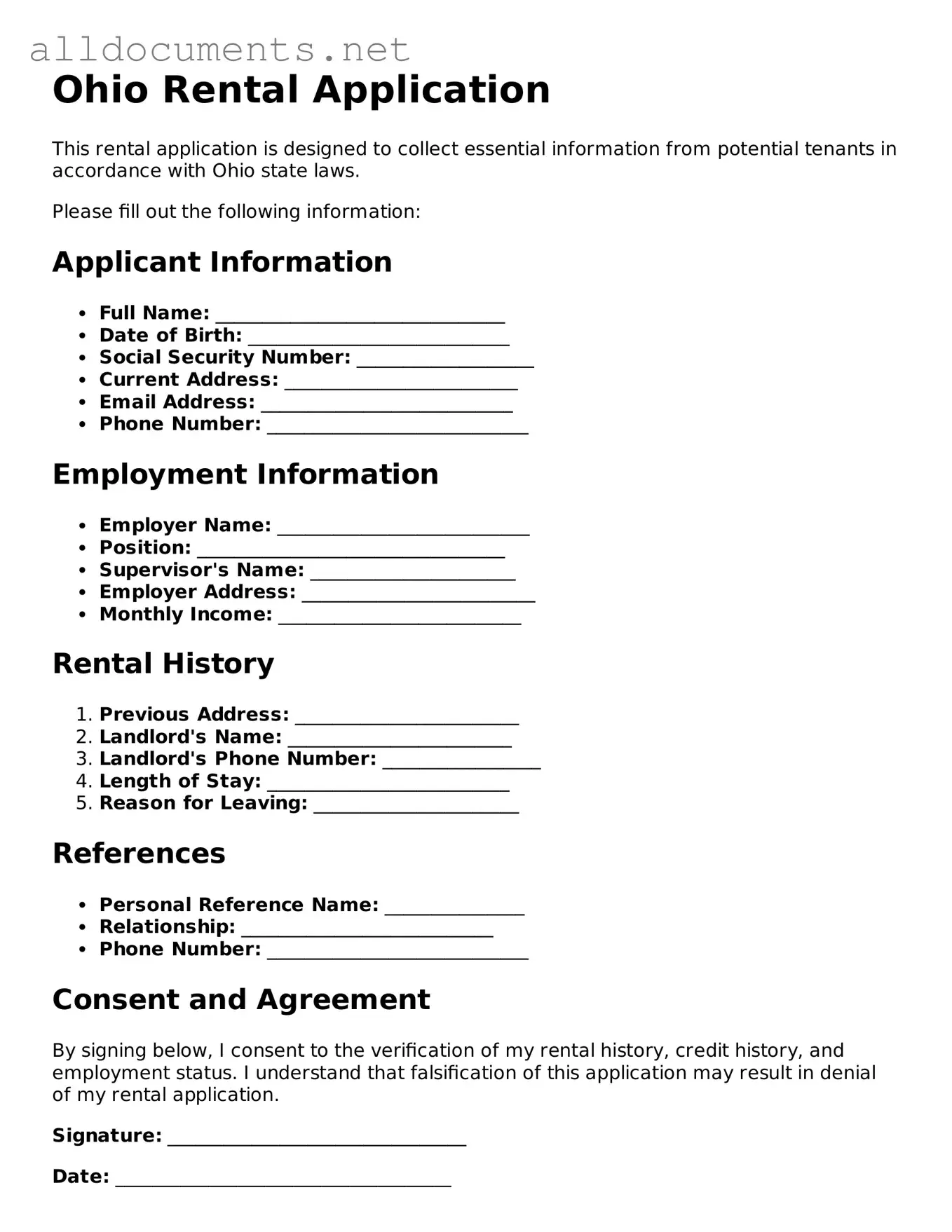 Official  Rental Application Template for Ohio