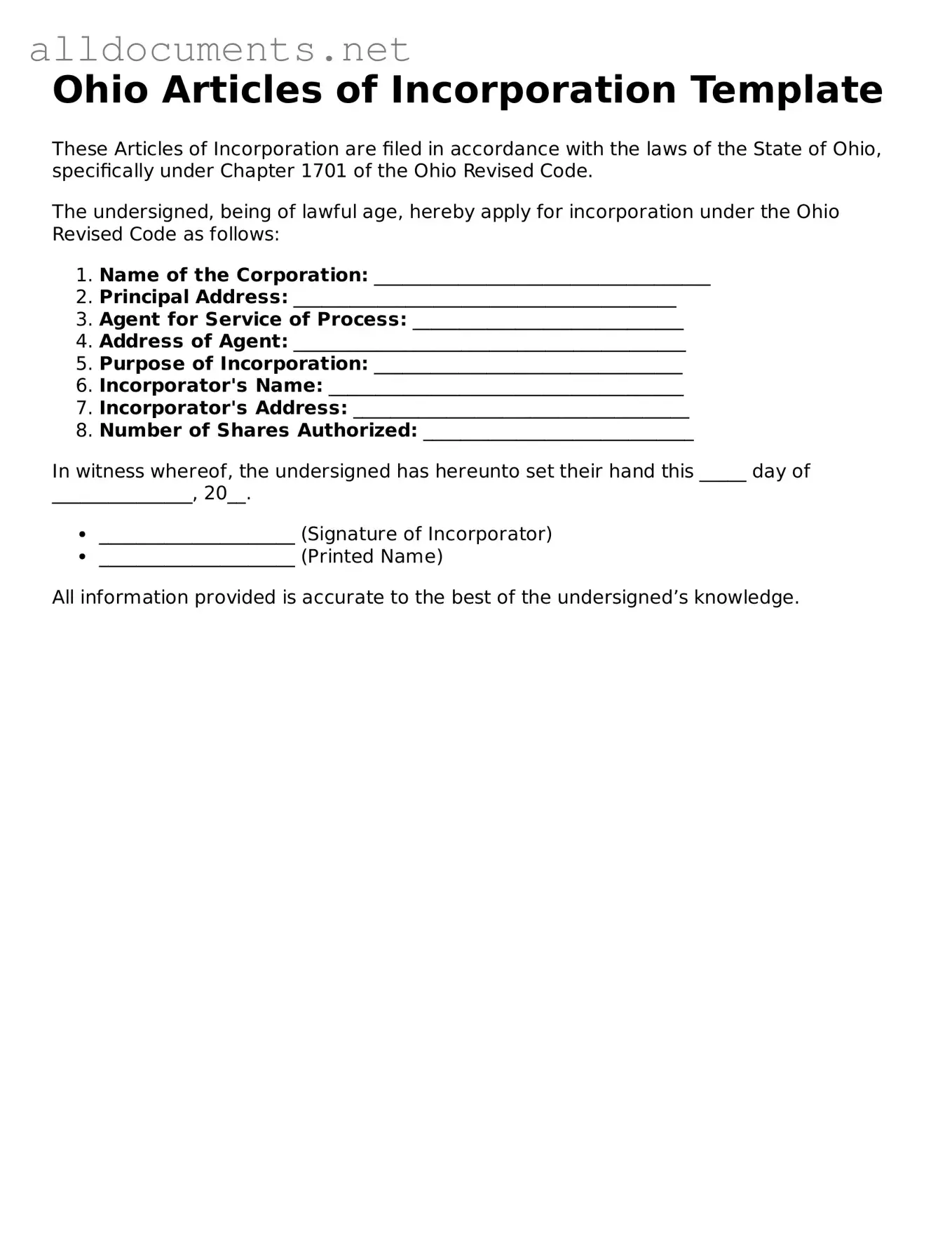 Official  Articles of Incorporation Template for Ohio