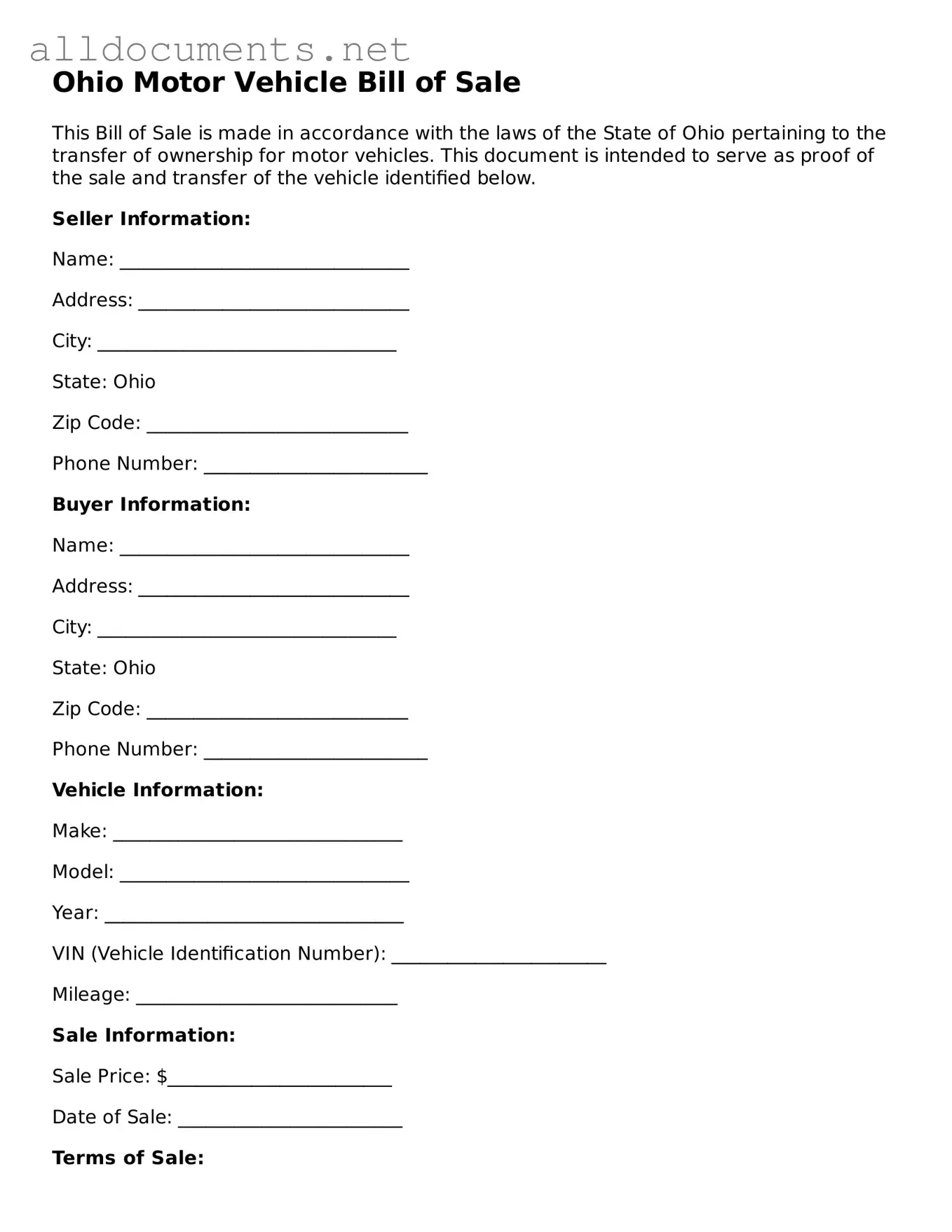 Official  Motor Vehicle Bill of Sale Template for Ohio