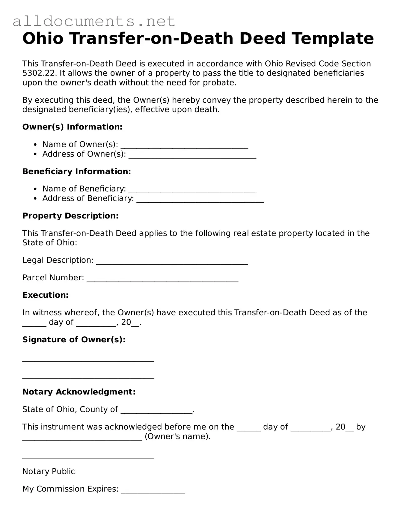 Official  Transfer-on-Death Deed Template for Ohio