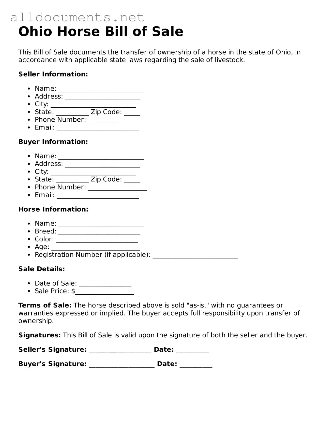 Official  Horse Bill of Sale Template for Ohio