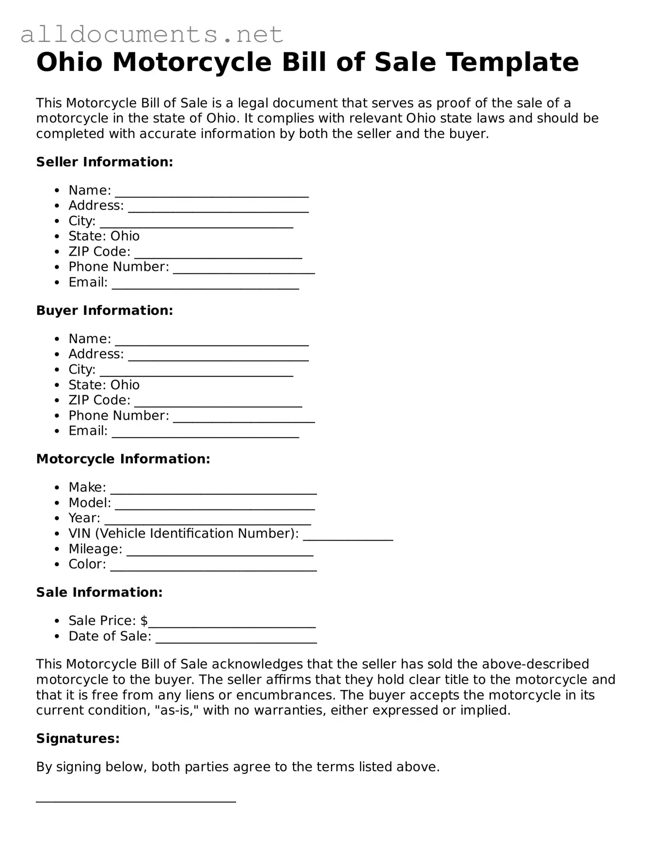 Official  Motorcycle Bill of Sale Template for Ohio