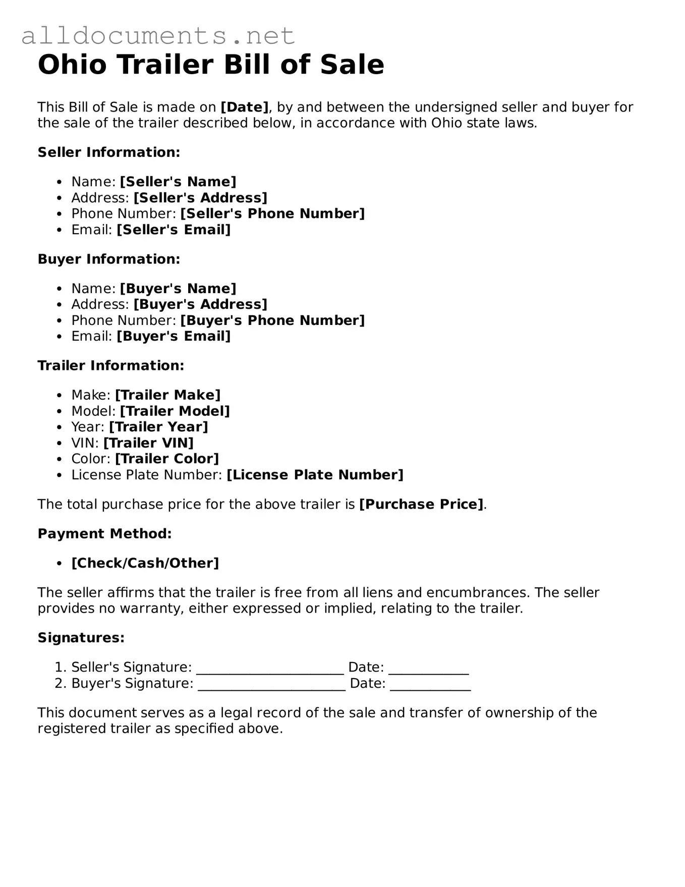 Official  Trailer Bill of Sale Template for Ohio