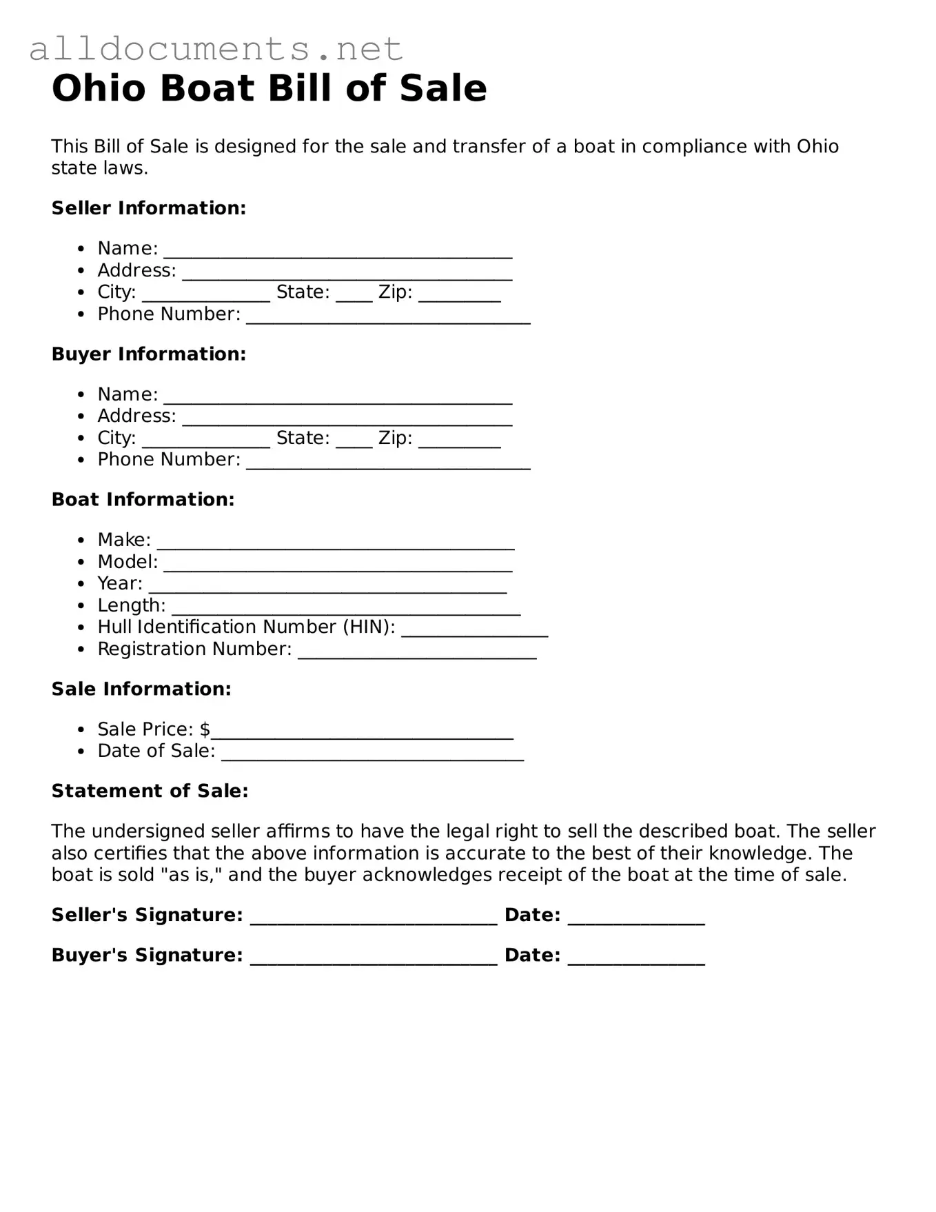 Official  Boat Bill of Sale Template for Ohio
