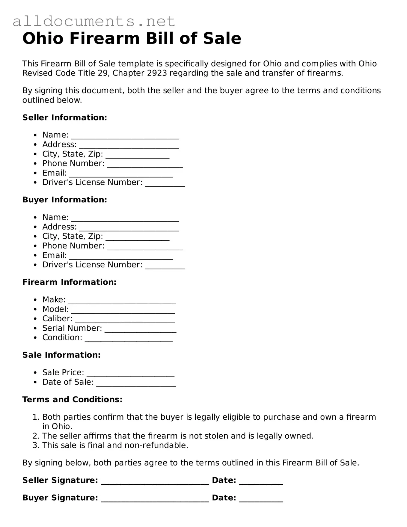 Official  Firearm Bill of Sale Template for Ohio