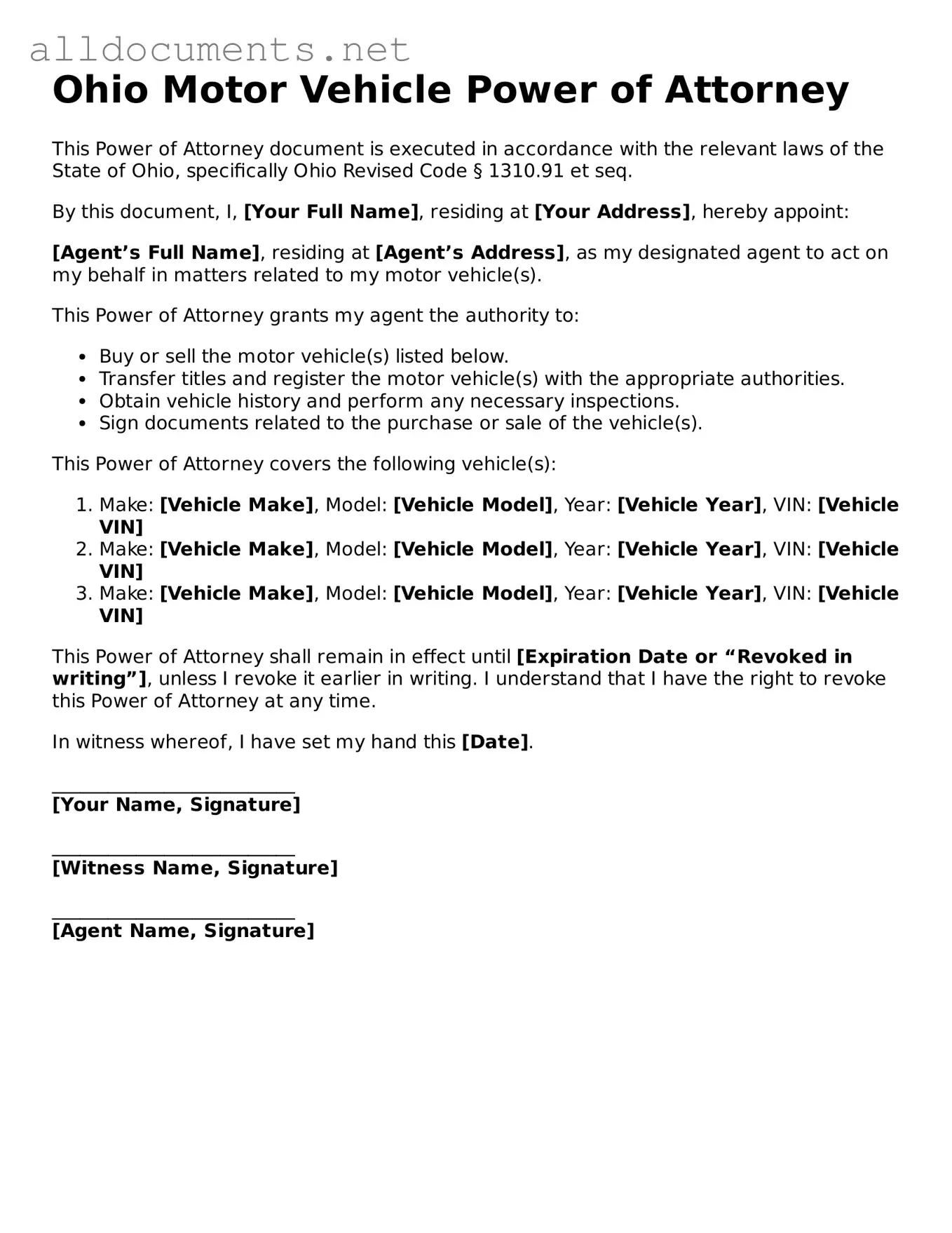 Official  Motor Vehicle Power of Attorney Template for Ohio