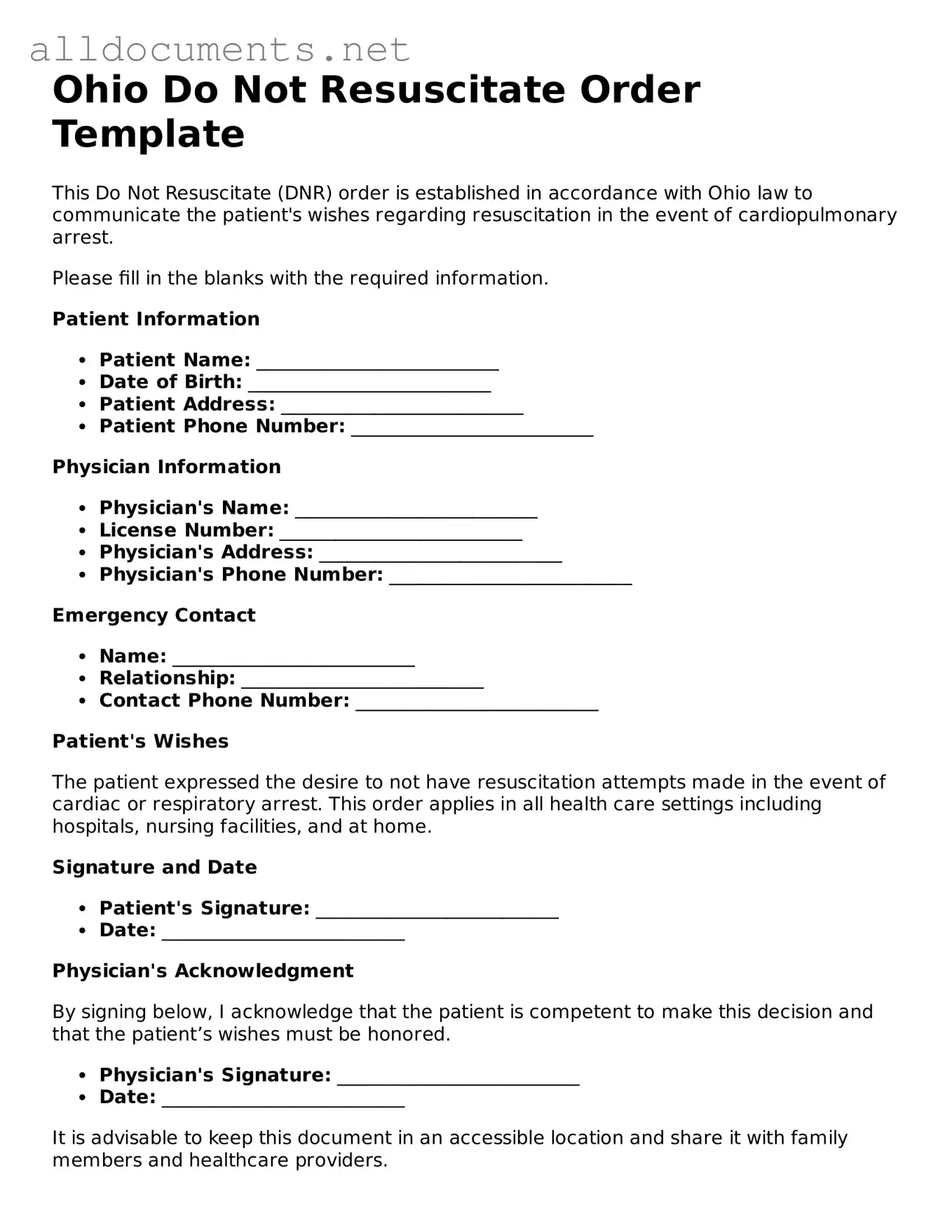 Official  Do Not Resuscitate Order Template for Ohio