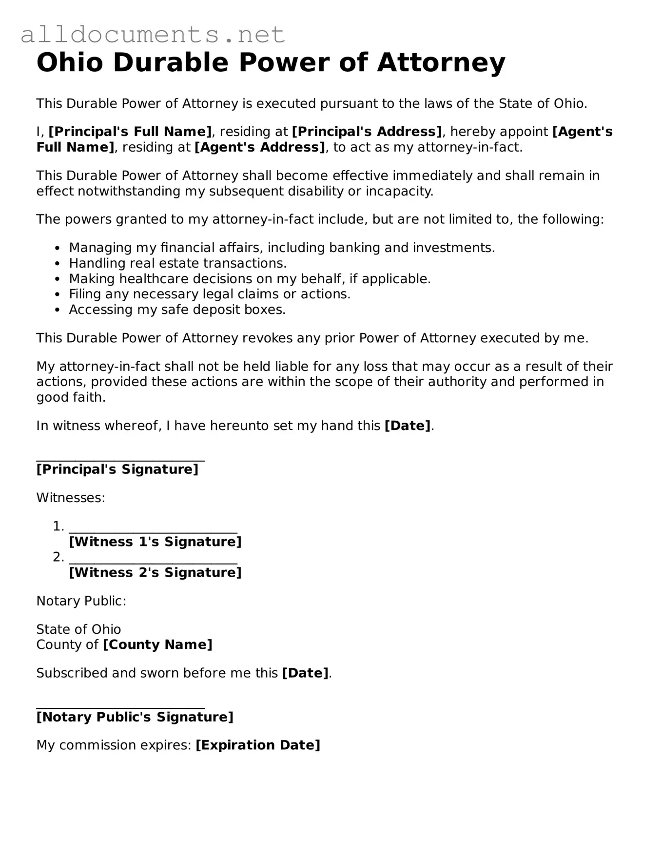 Official  Durable Power of Attorney Template for Ohio