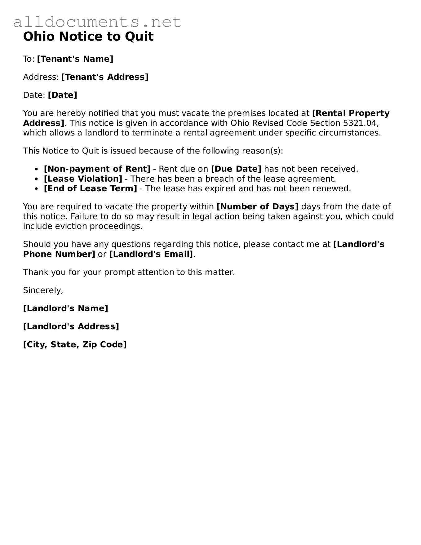 Official  Notice to Quit Template for Ohio