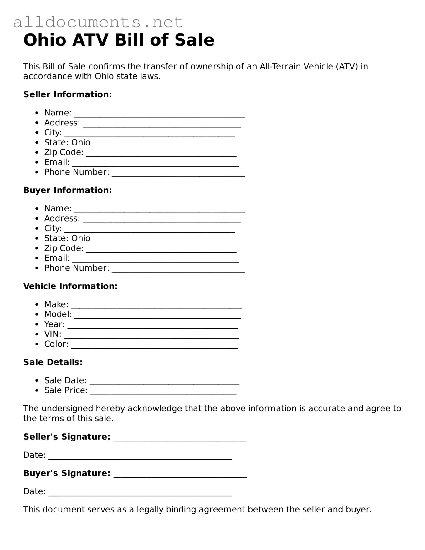 Official  ATV Bill of Sale Template for Ohio