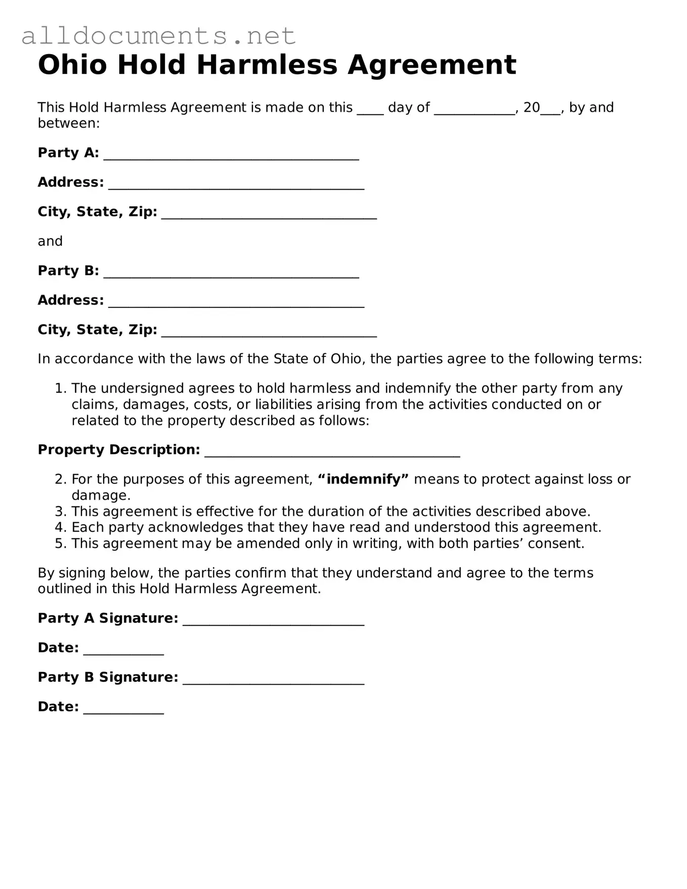 Official  Hold Harmless Agreement Template for Ohio